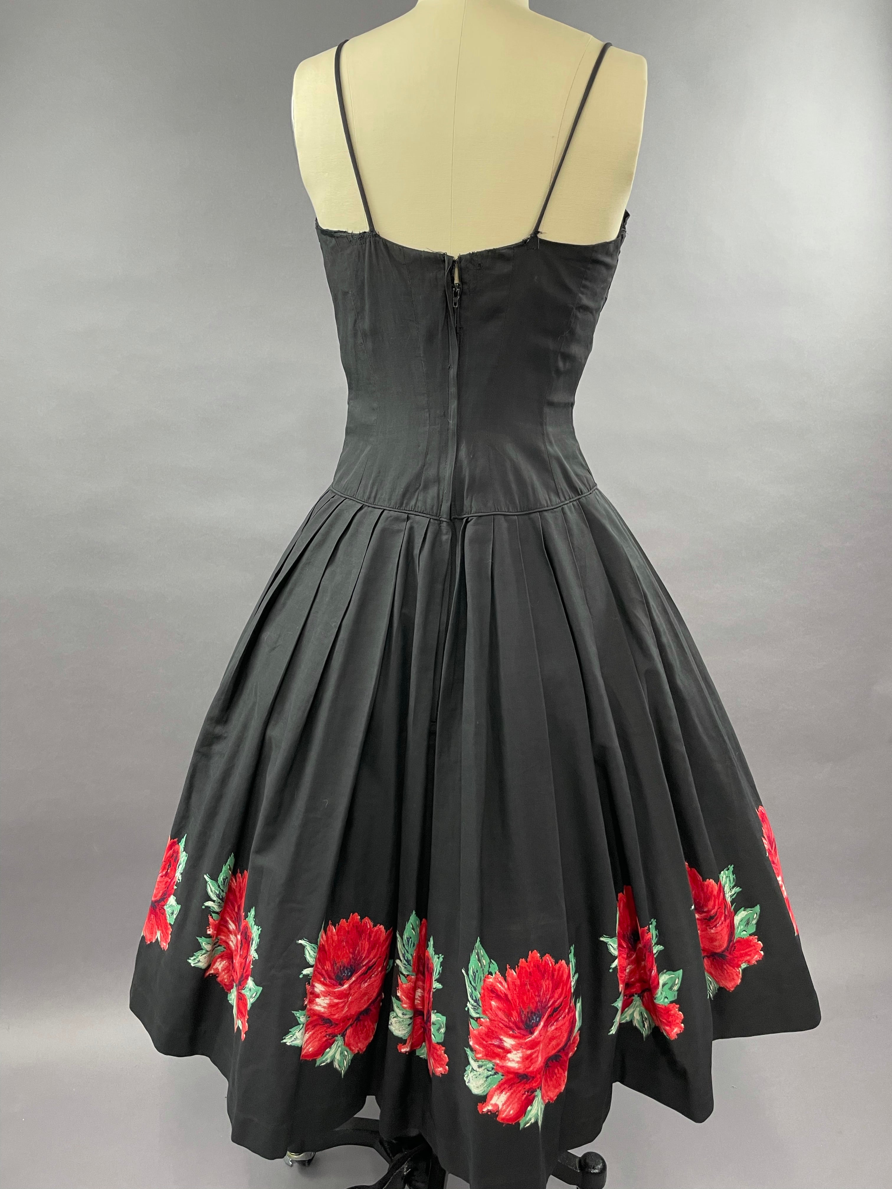 1950s Red Rose Border Print Dress Size S