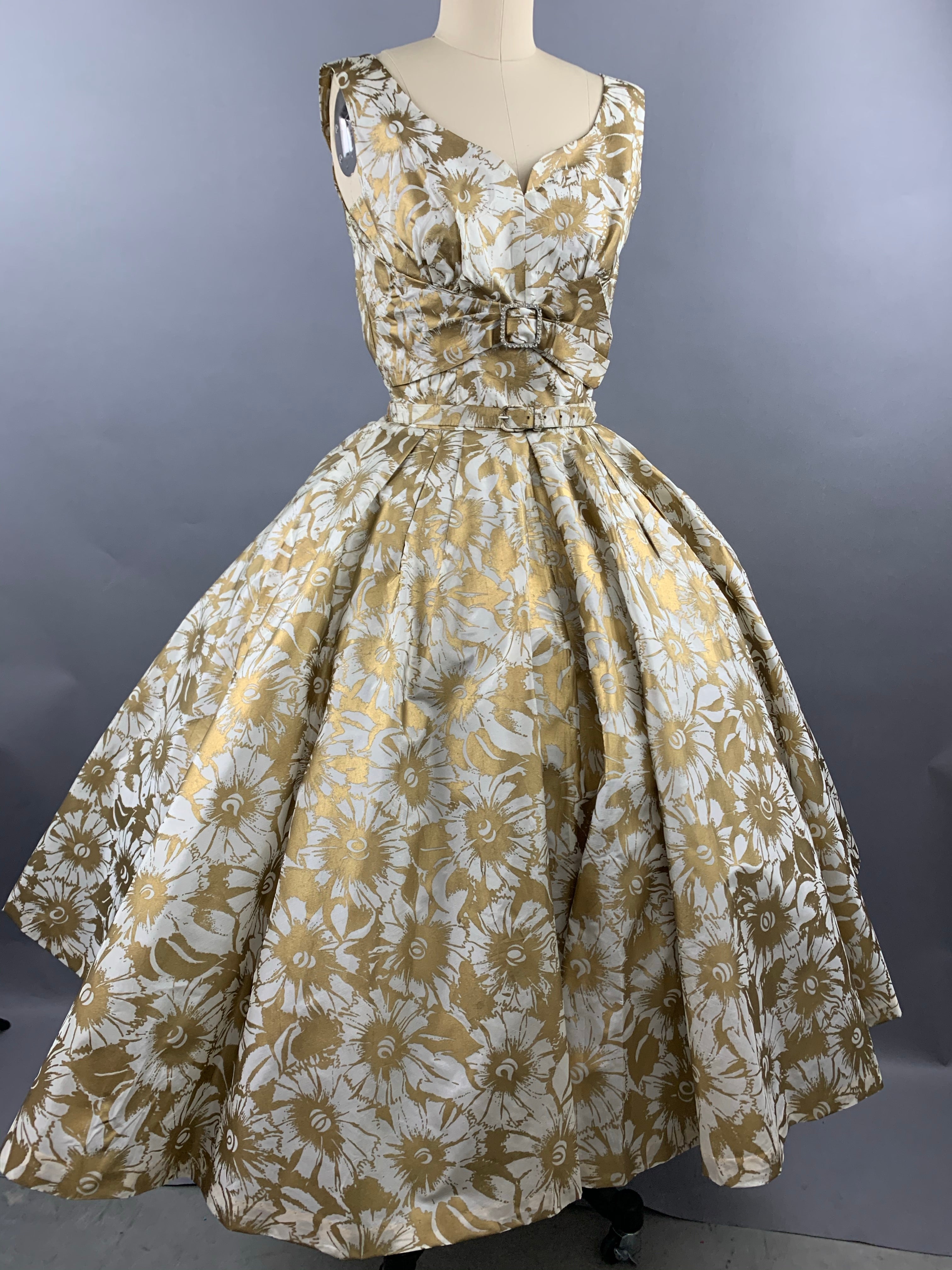 1950s Gold Floral Party Dress Size XS