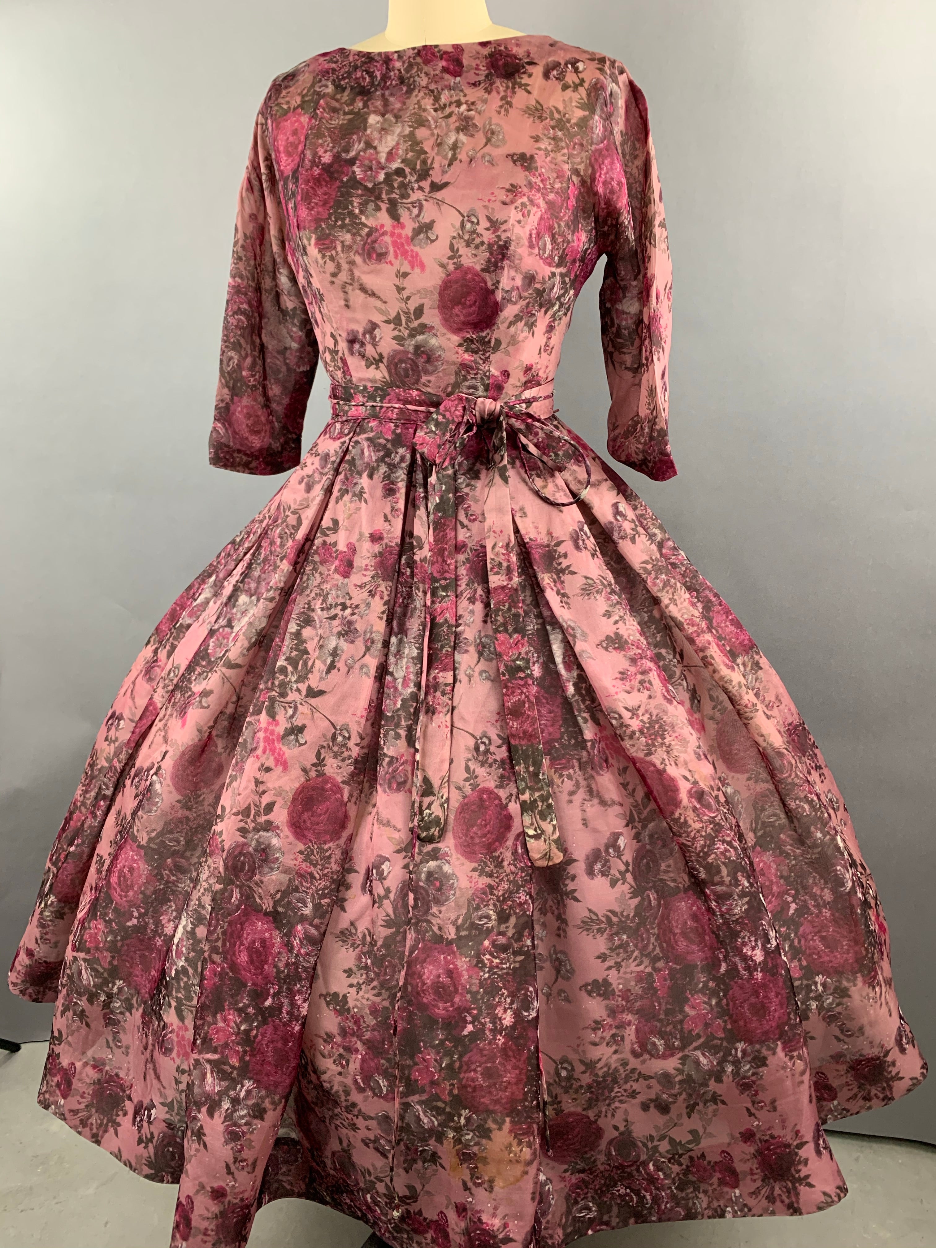 1950s Pink Roses Silk dress by Talmack John Moore New York Size M