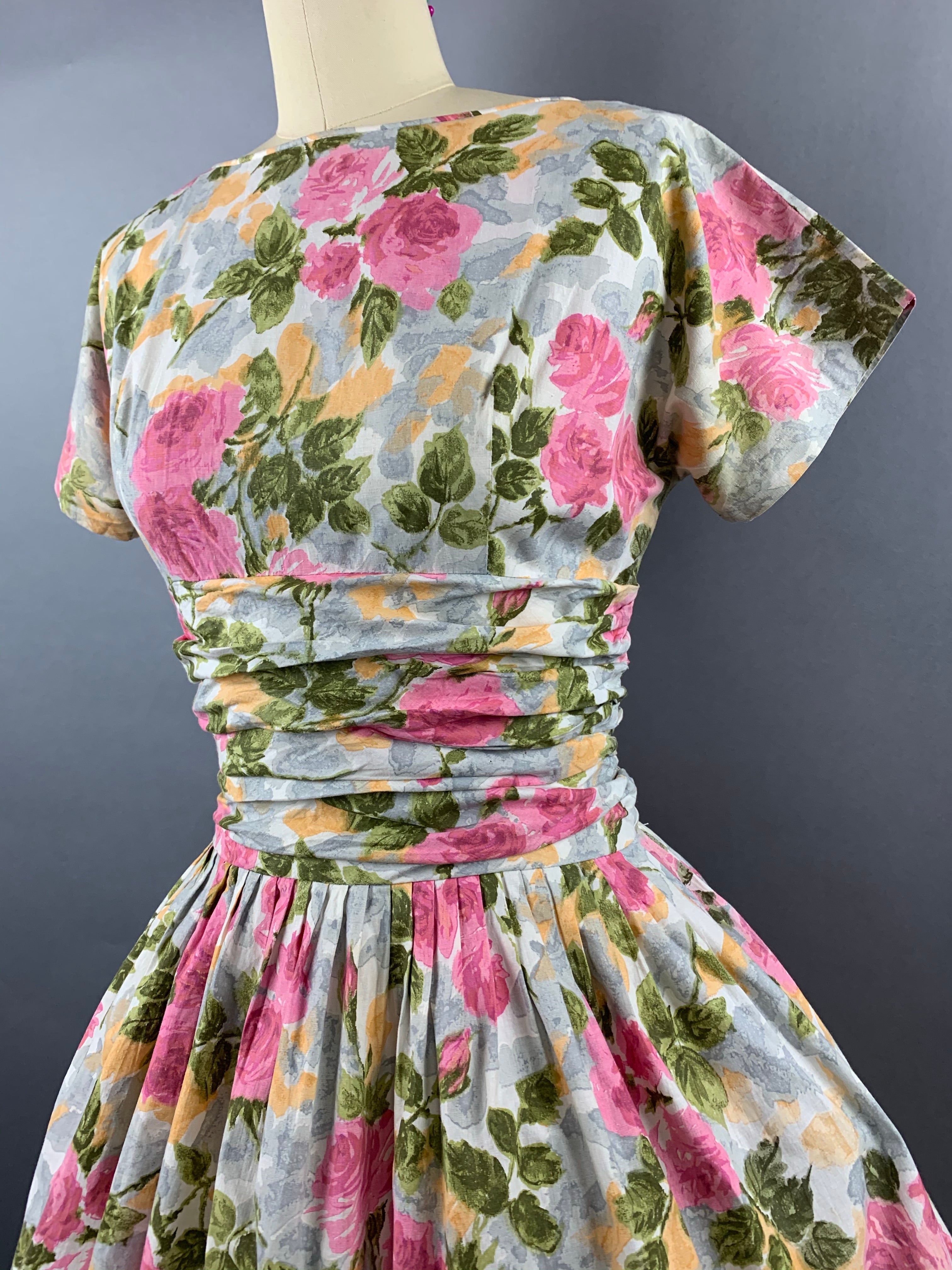 1950s Pink Roses Cotton Floral Dress Size M