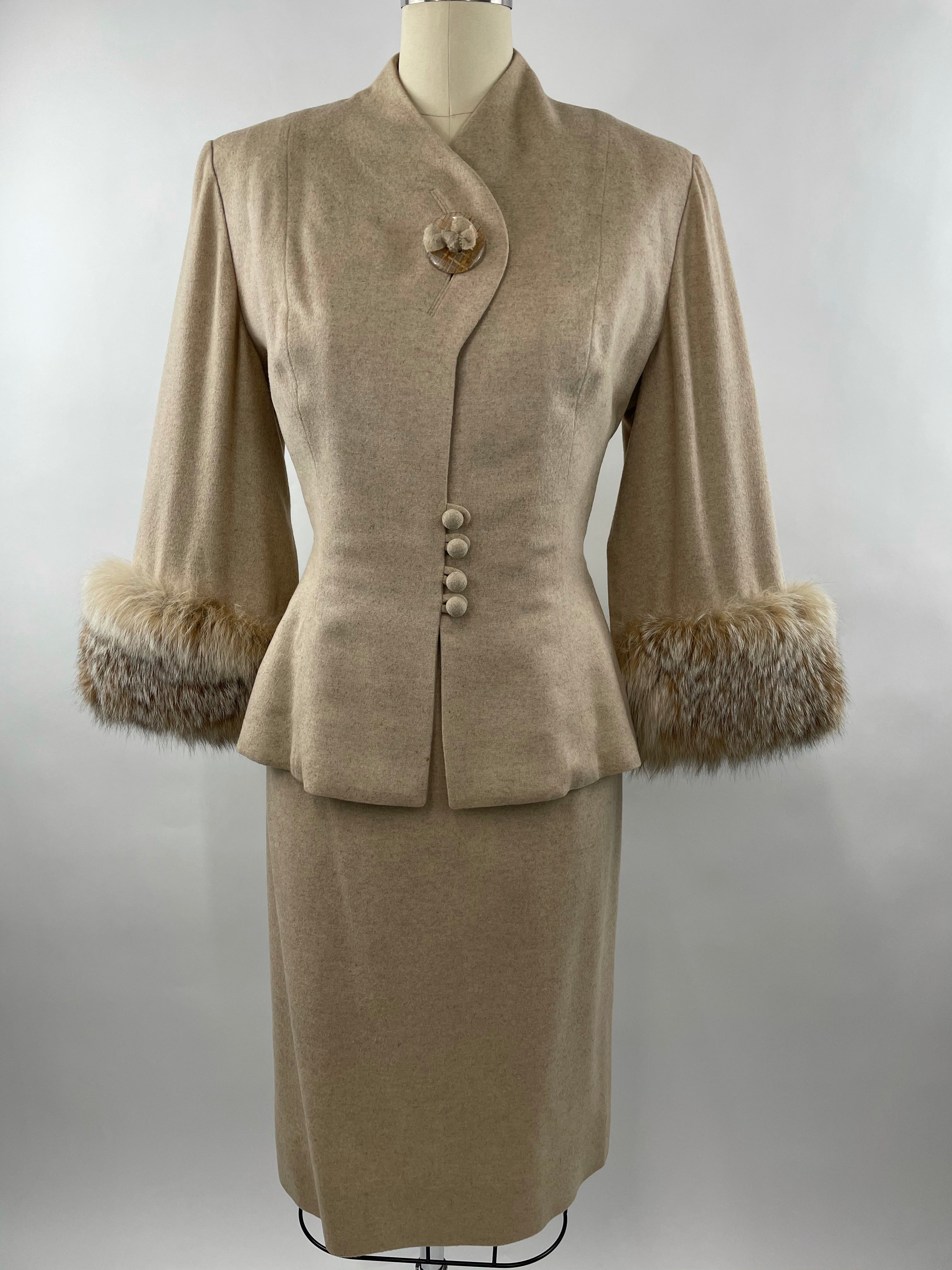 1950s Cream Cashmere & Fox Lilli Ann Cape Suit Size L