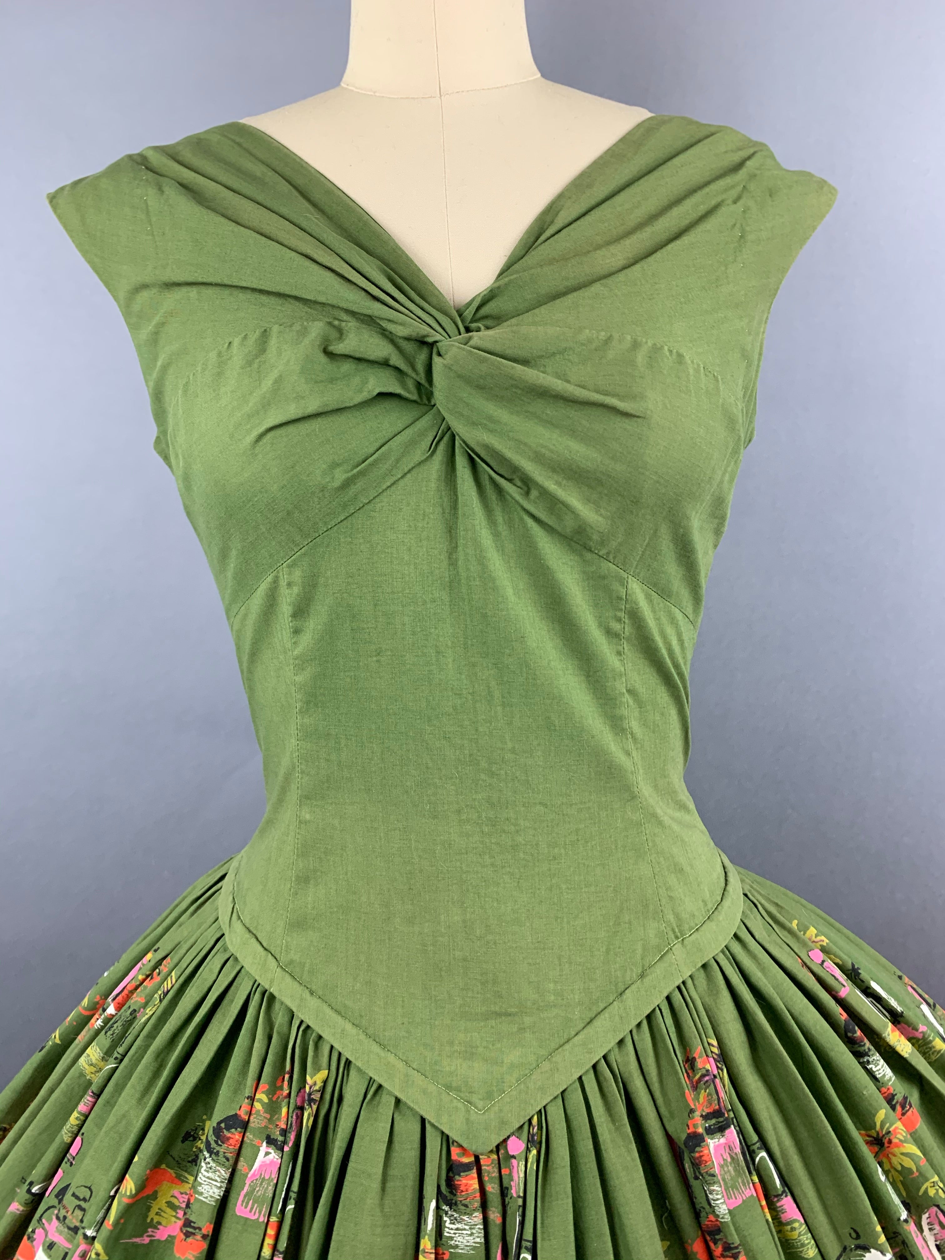 1950s Green Casbah Cotton Dress Size M