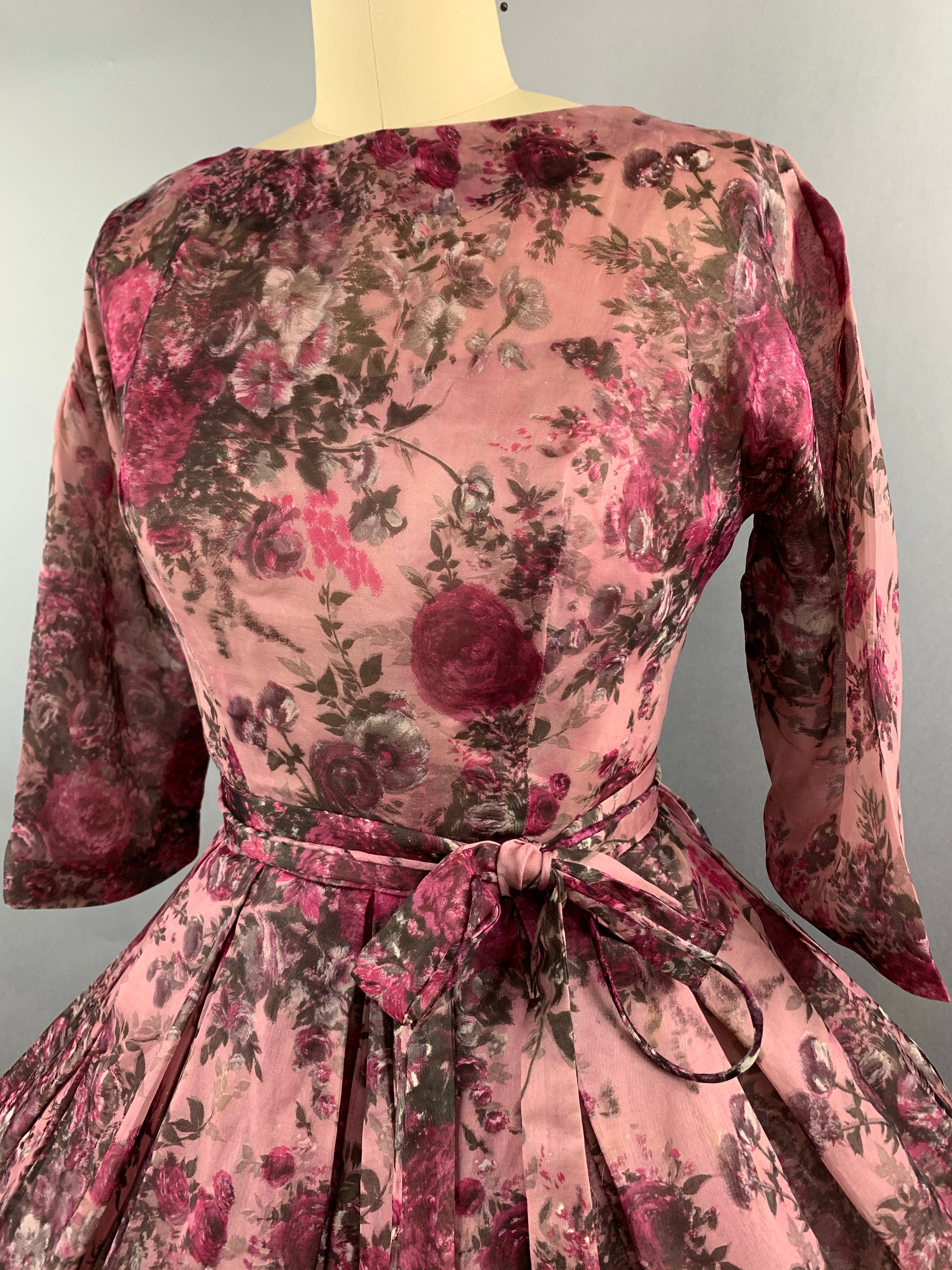 1950s Pink Roses Silk dress by Talmack John Moore New York Size M