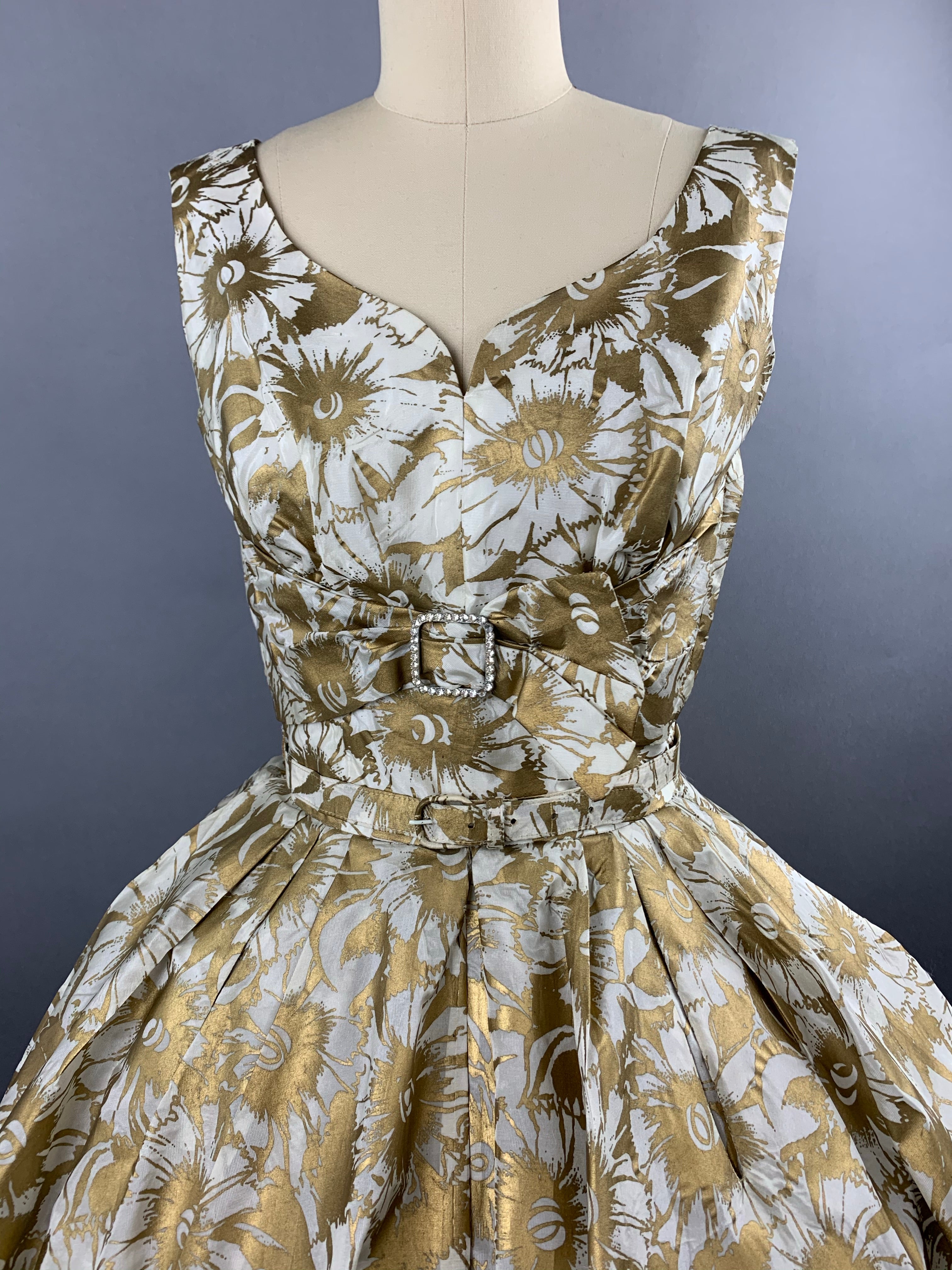 1950s Gold Floral Party Dress Size XS