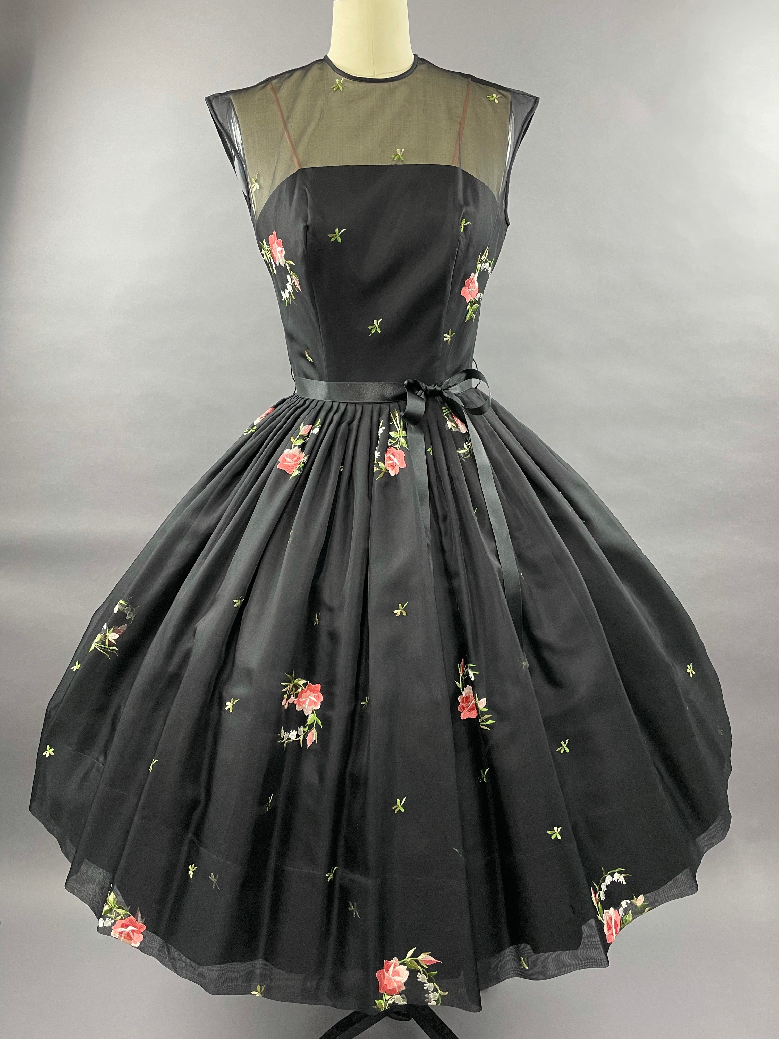 1950s Black Embroidered Suzy Perette Party Dress Size S