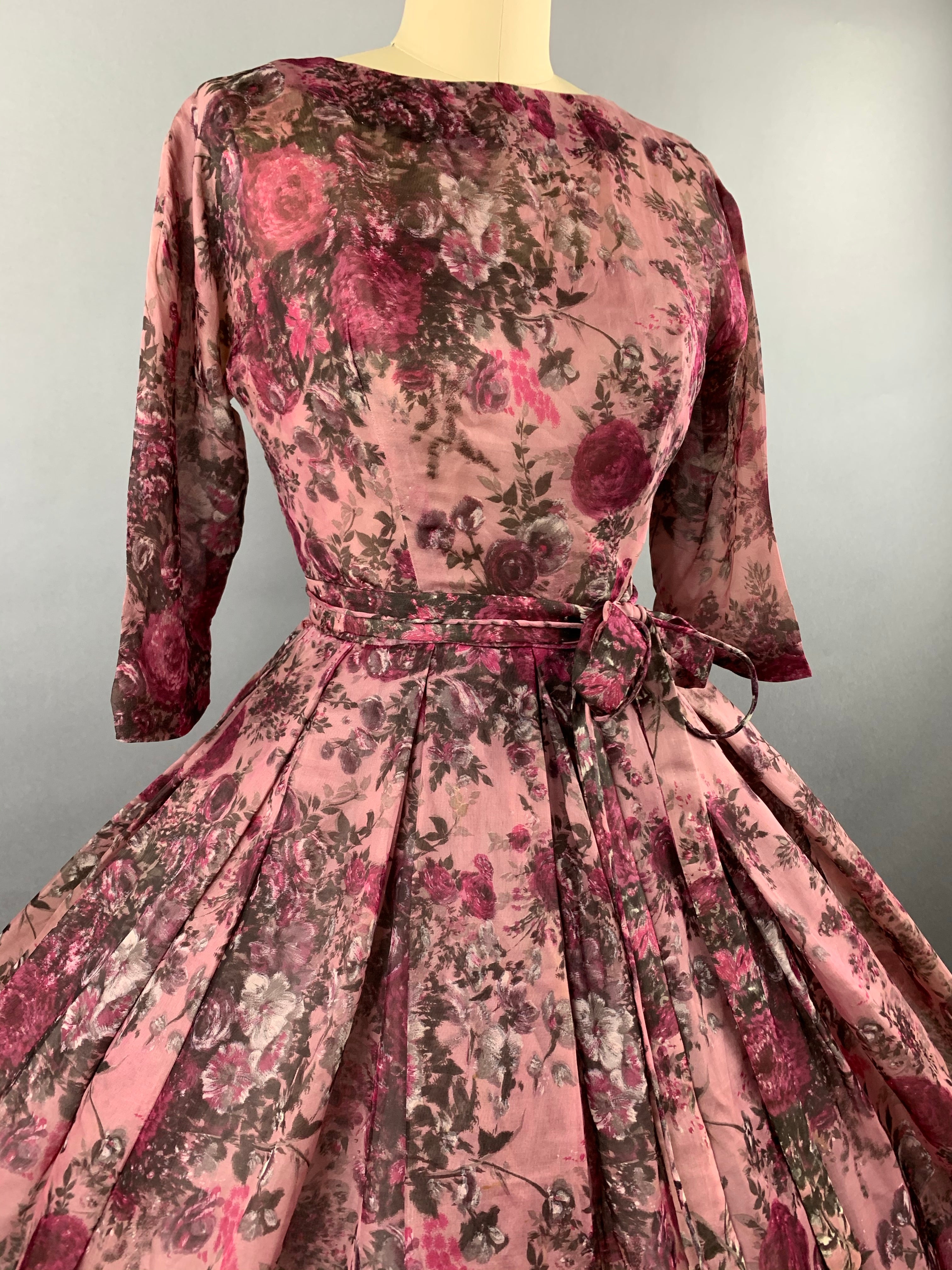 1950s Pink Roses Silk dress by Talmack John Moore New York Size M