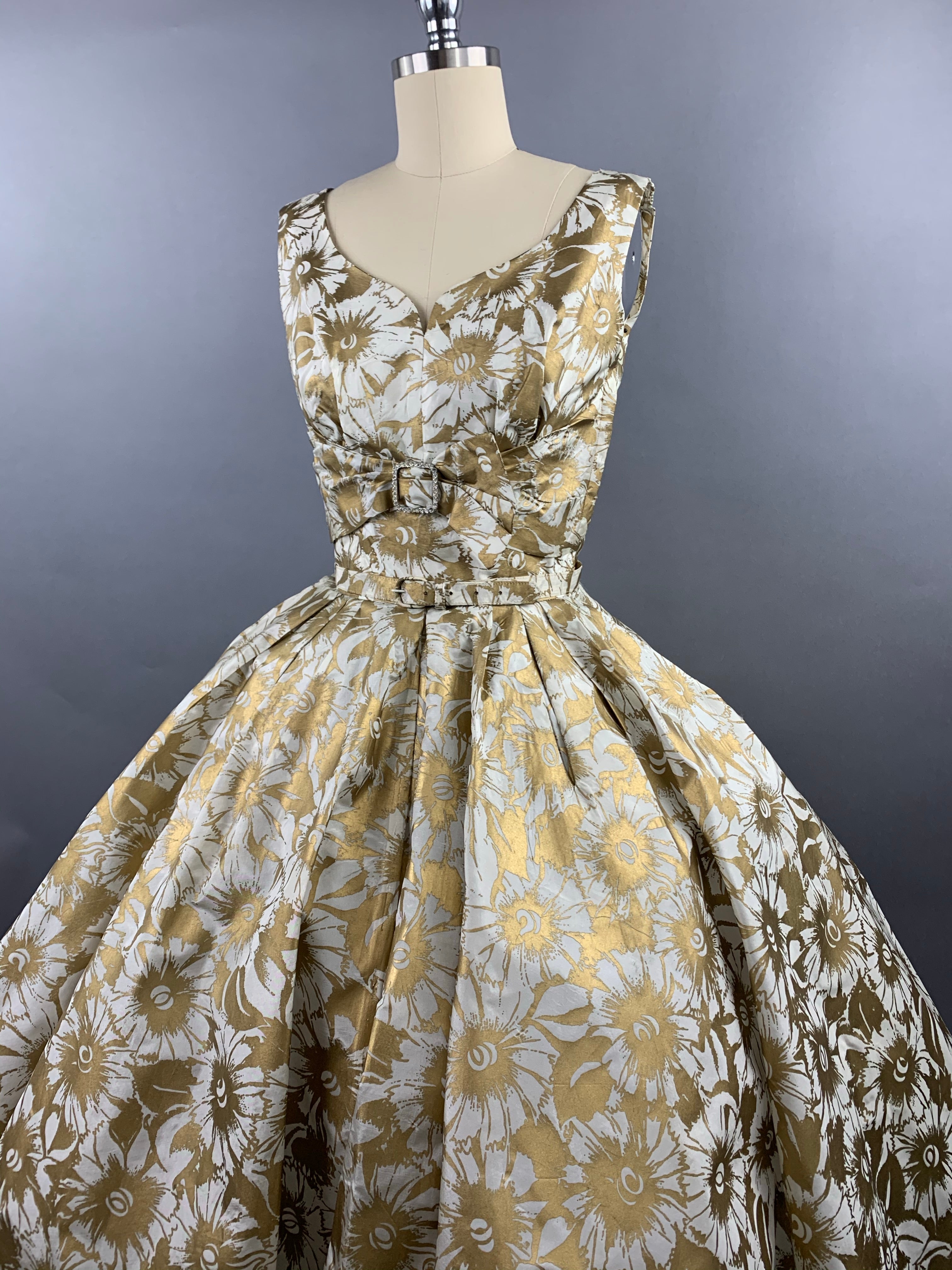 1950s Gold Floral Party Dress Size XS