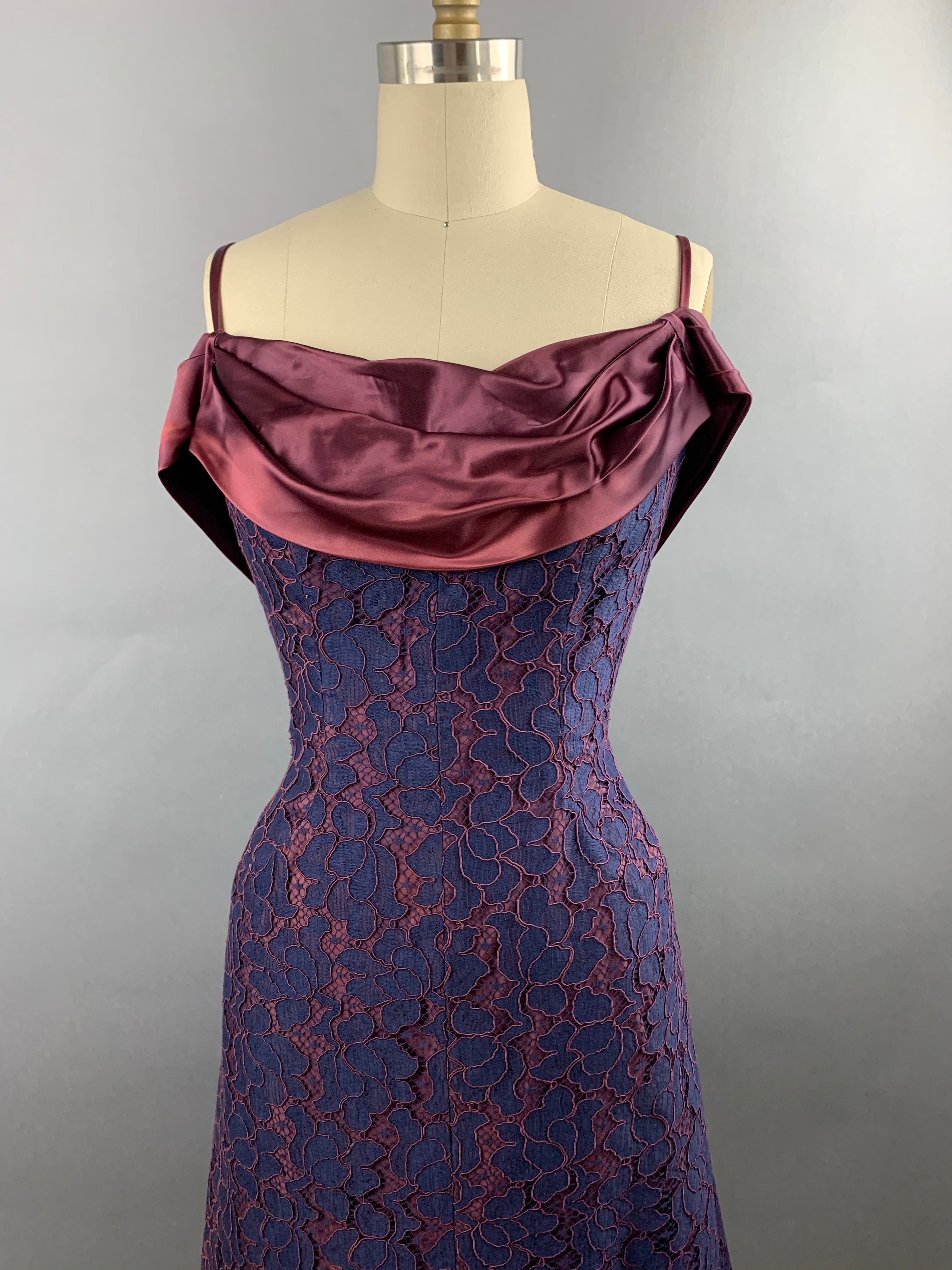 1950s Navy and Burgundy Lace and Satin Party Dress Size M