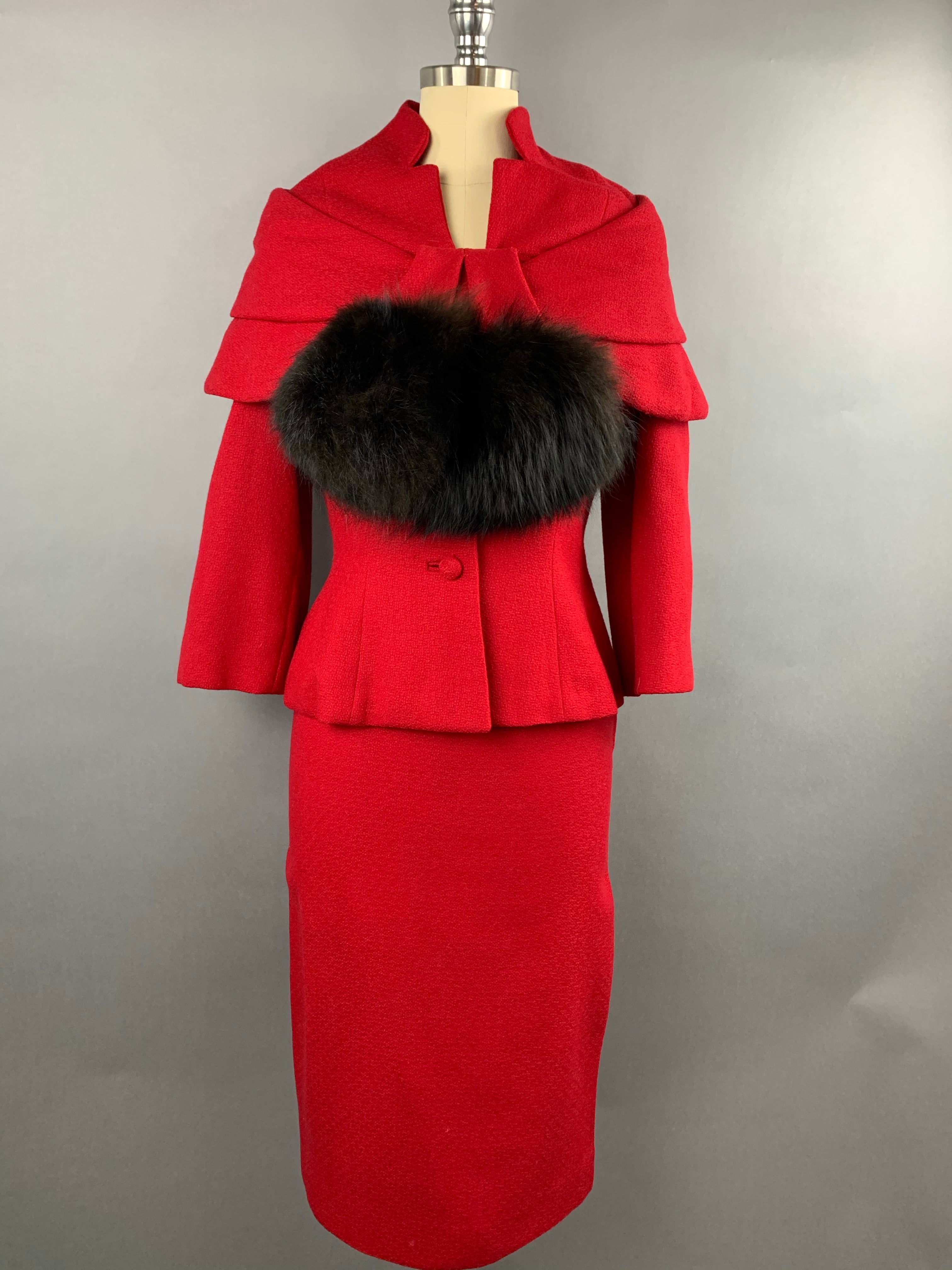 1950s Lilli Ann Red Wool Suit with Black Fox Collar Size S