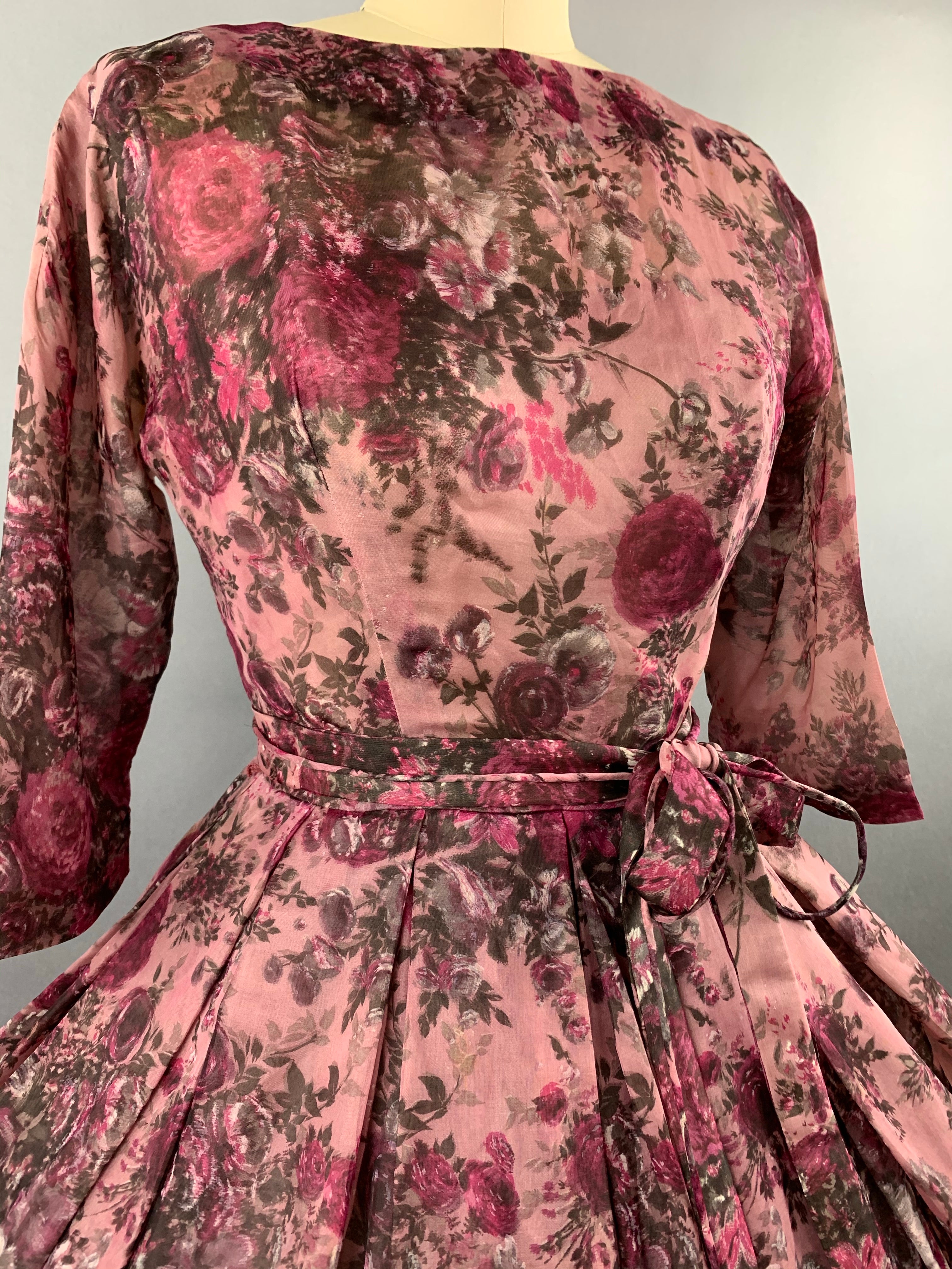 1950s Pink Roses Silk dress by Talmack John Moore New York Size M