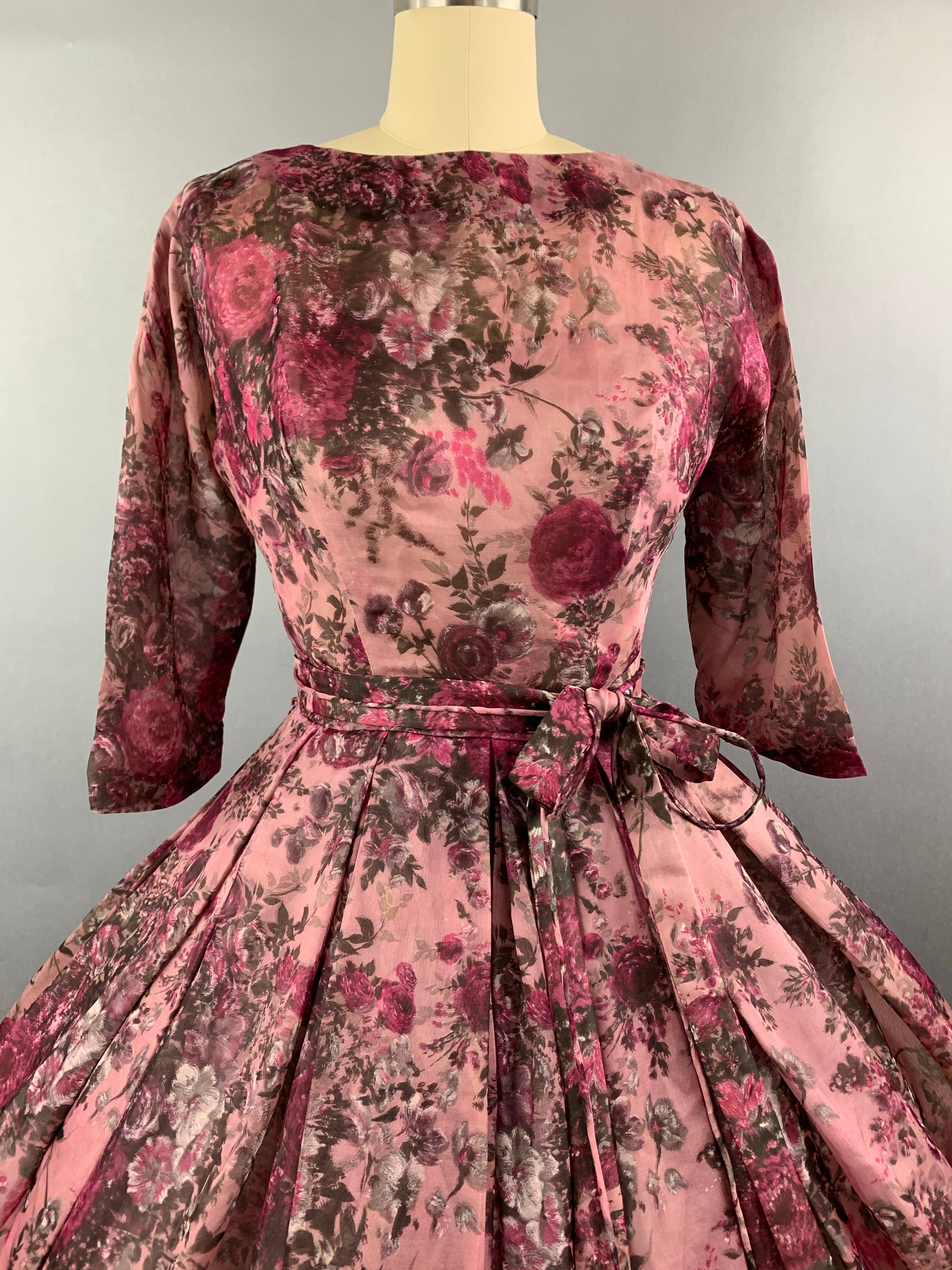 1950s Pink Roses Silk dress by Talmack John Moore New York Size M