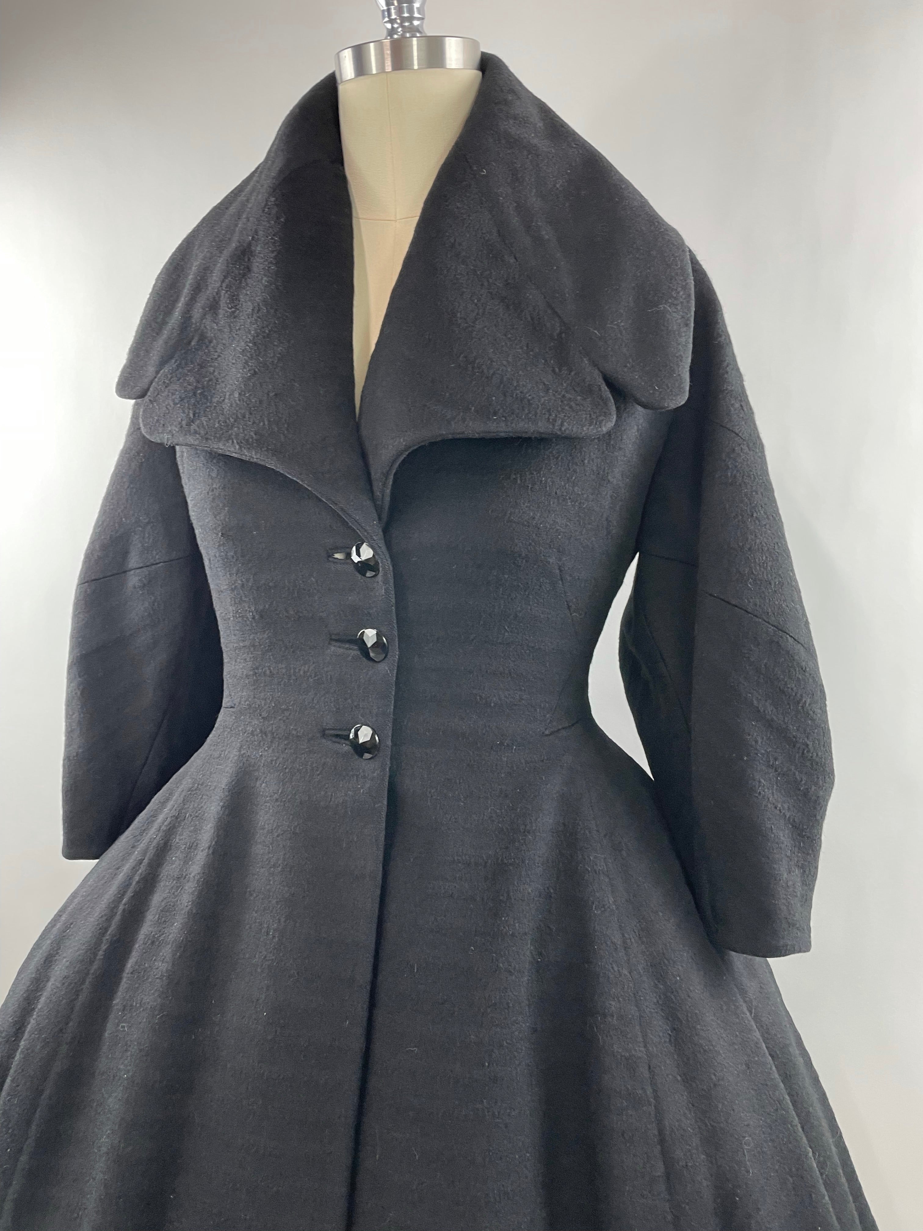 1950s Black Wool Lilli Ann Princess Coat with Exaggerated Collar and Sleeves Size L