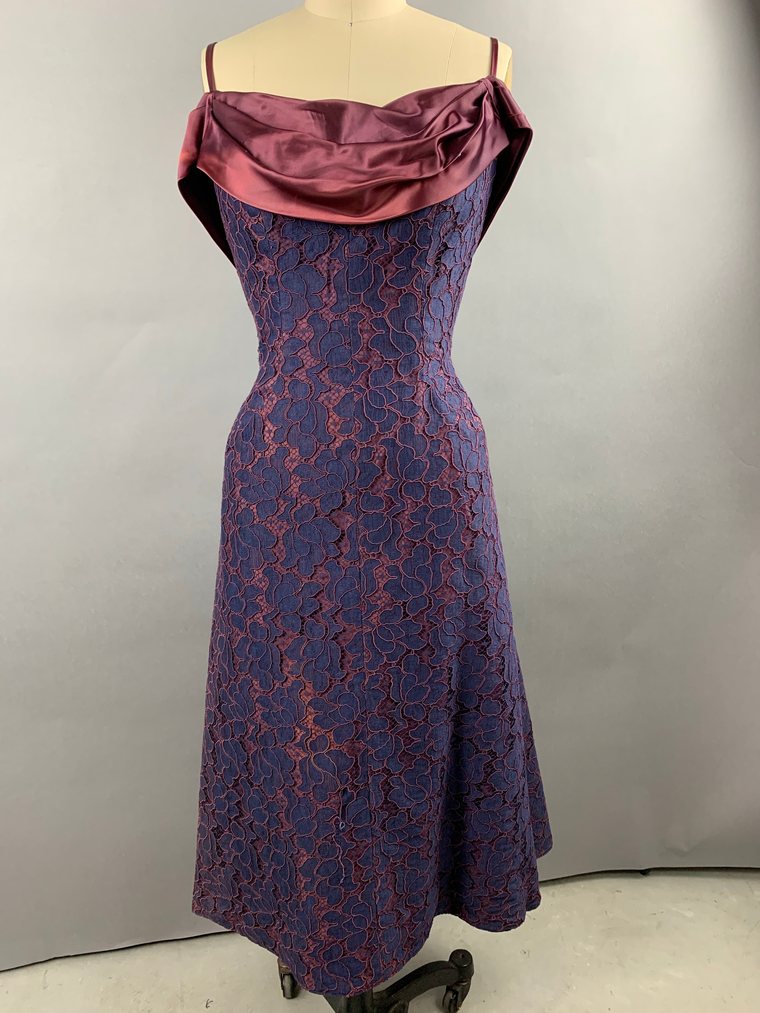 1950s Navy and Burgundy Lace and Satin Party Dress Size M