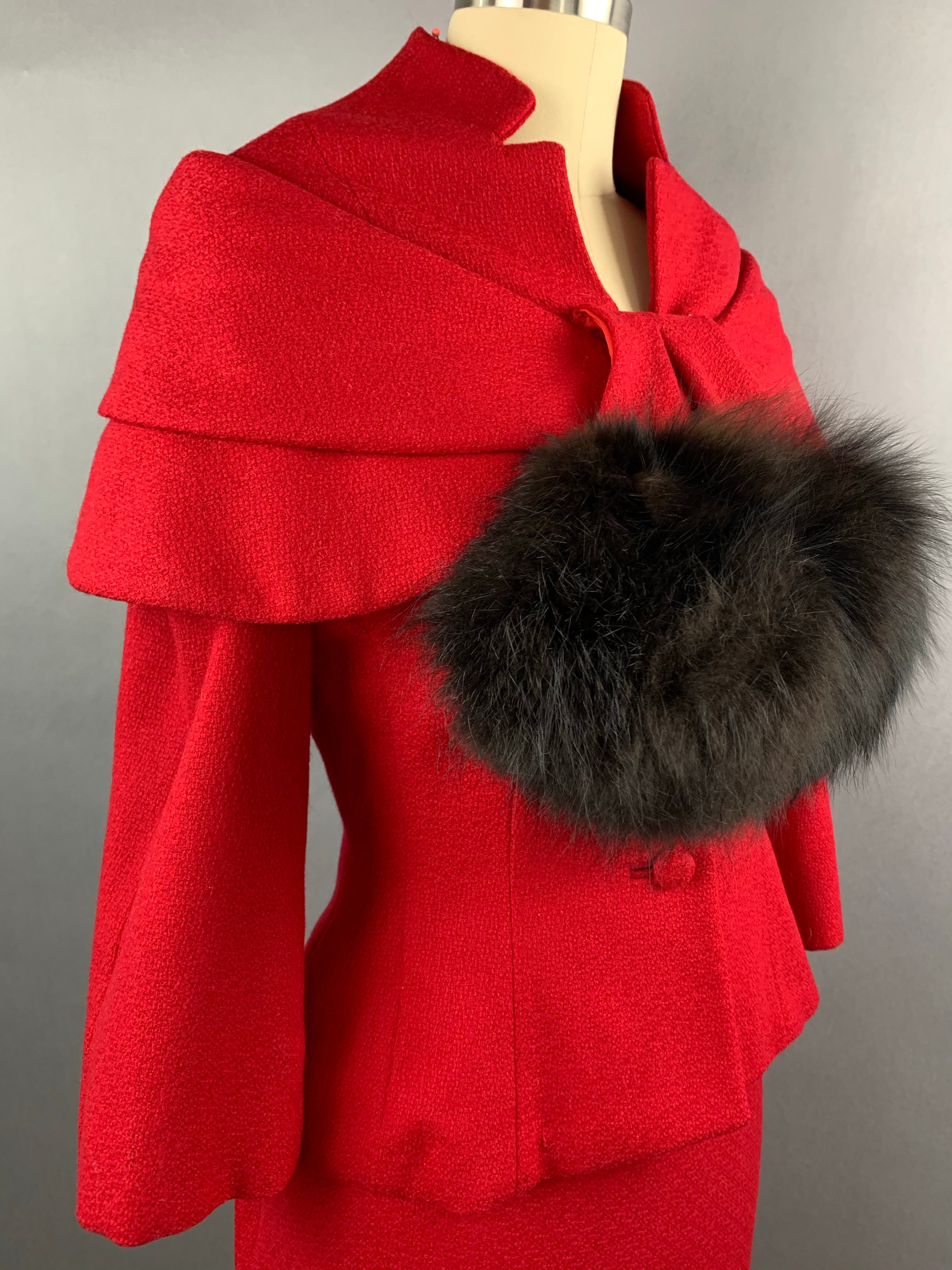 1950s Lilli Ann Red Wool Suit with Black Fox Collar Size S