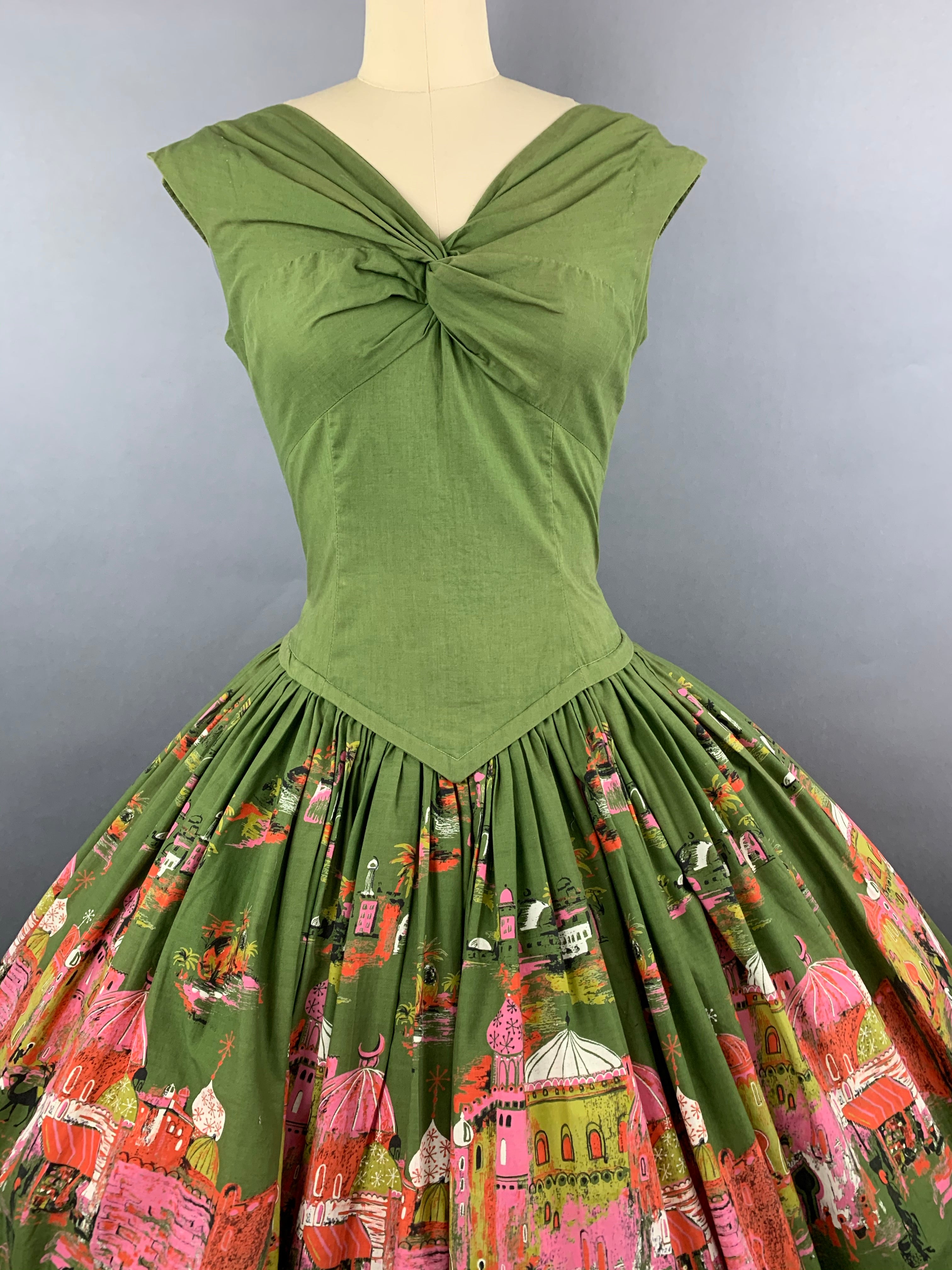 1950s Green Casbah Cotton Dress Size M