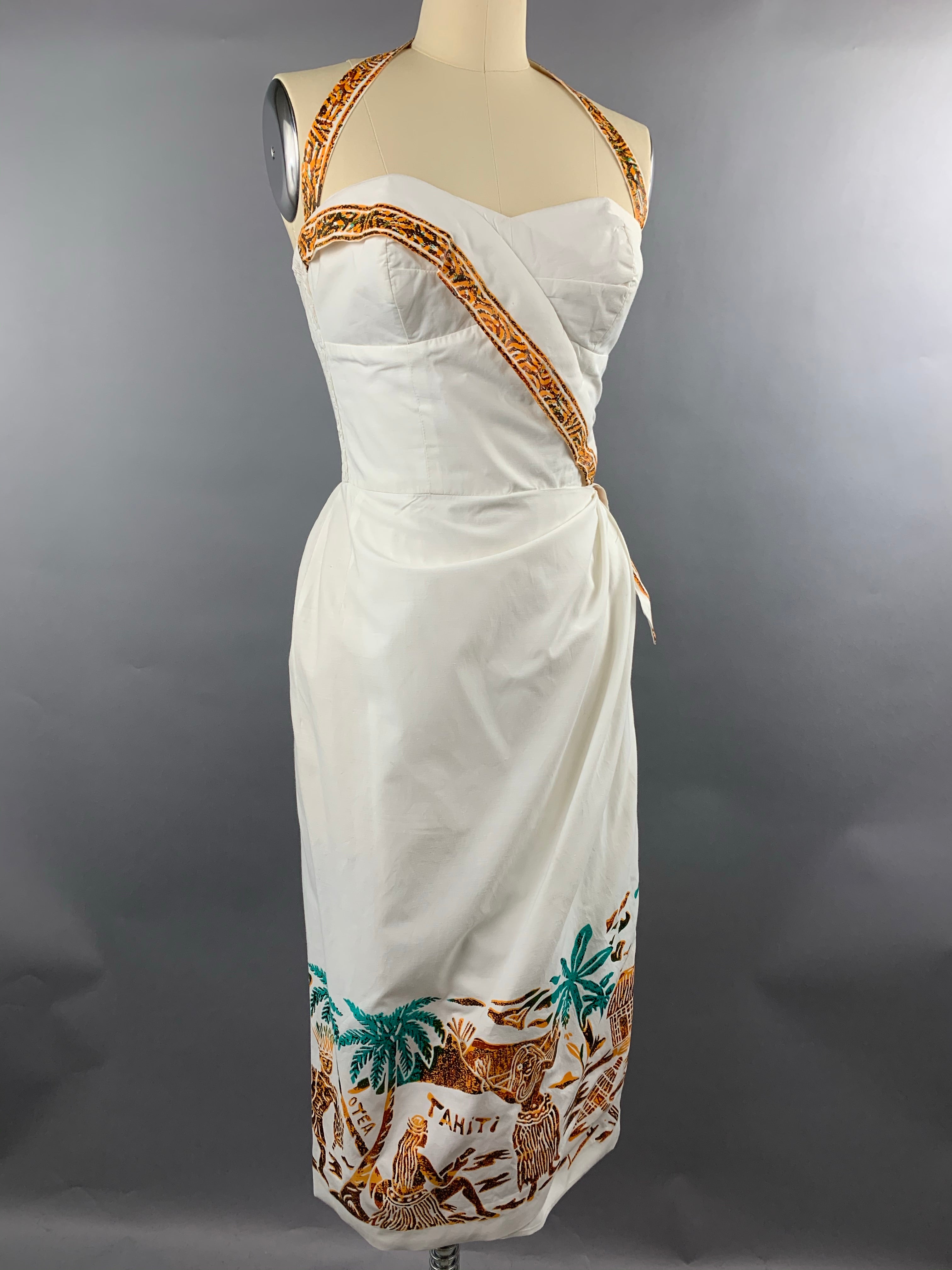 1950s Alfred Shaheen White Tahiti Border Print Sarong Dress Size XS Size S