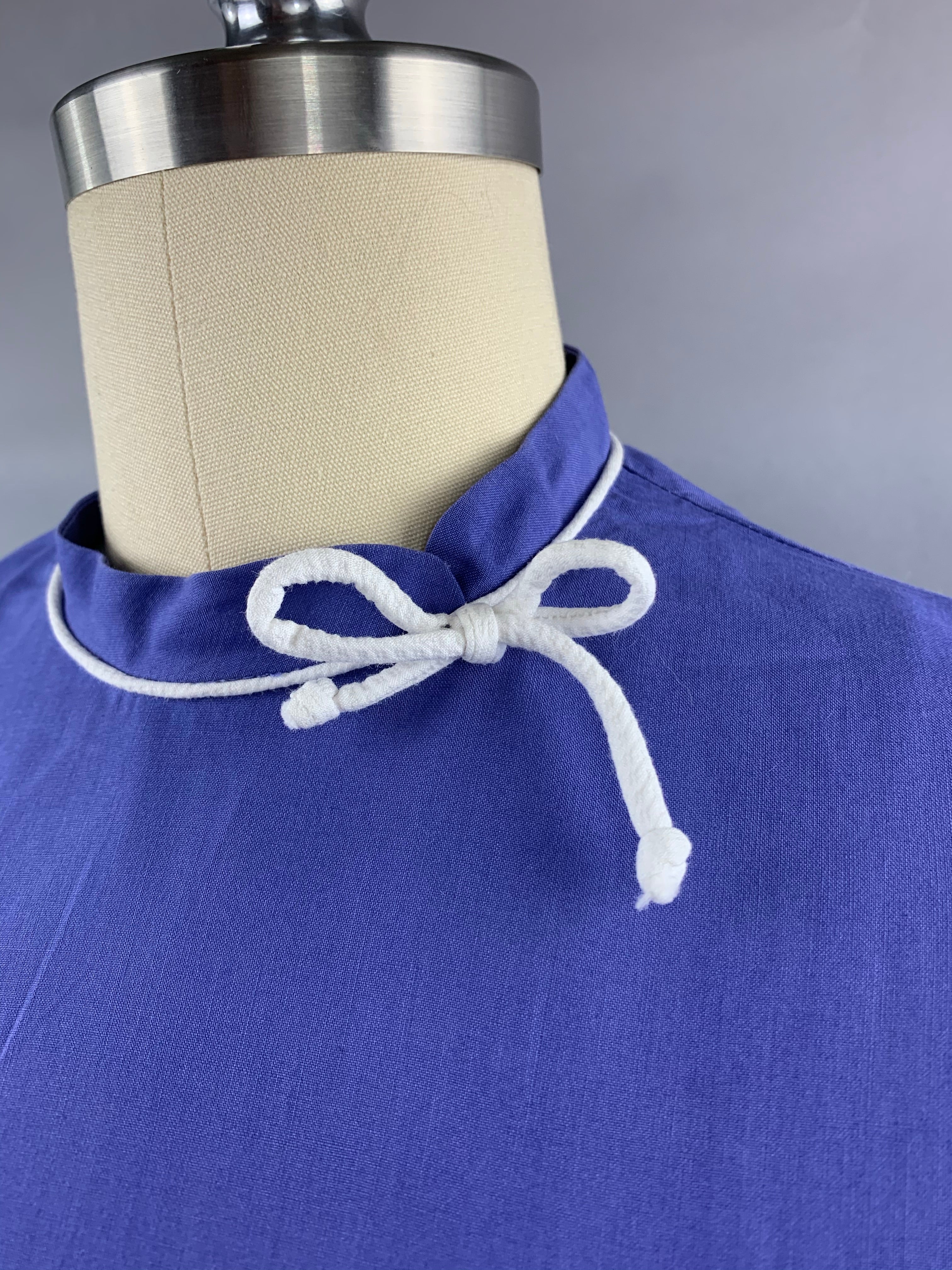 1950s Indigo Violet Blue Cotton Dress with White Piping Size S