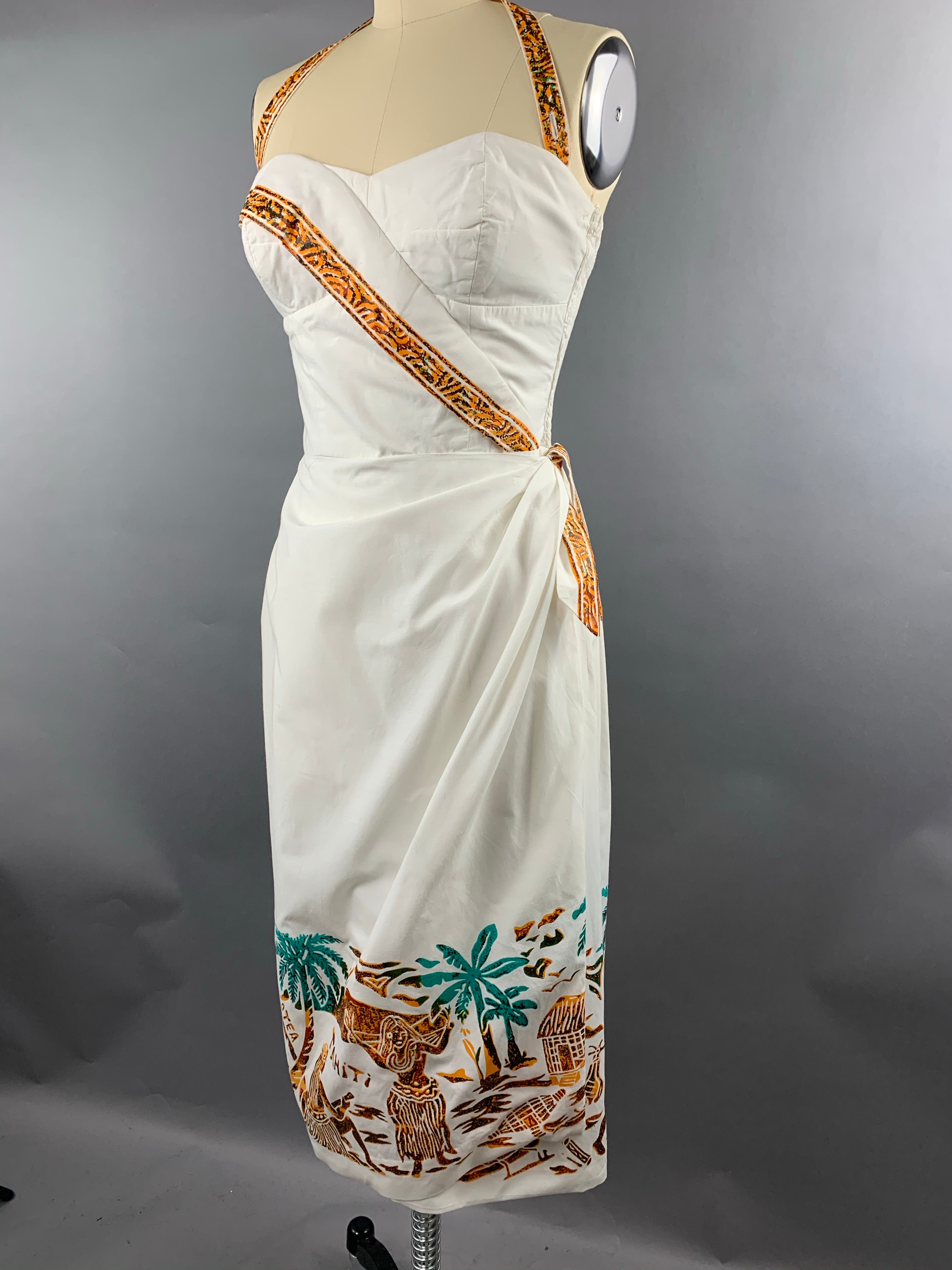 1950s Alfred Shaheen White Tahiti Border Print Sarong Dress Size XS Size S