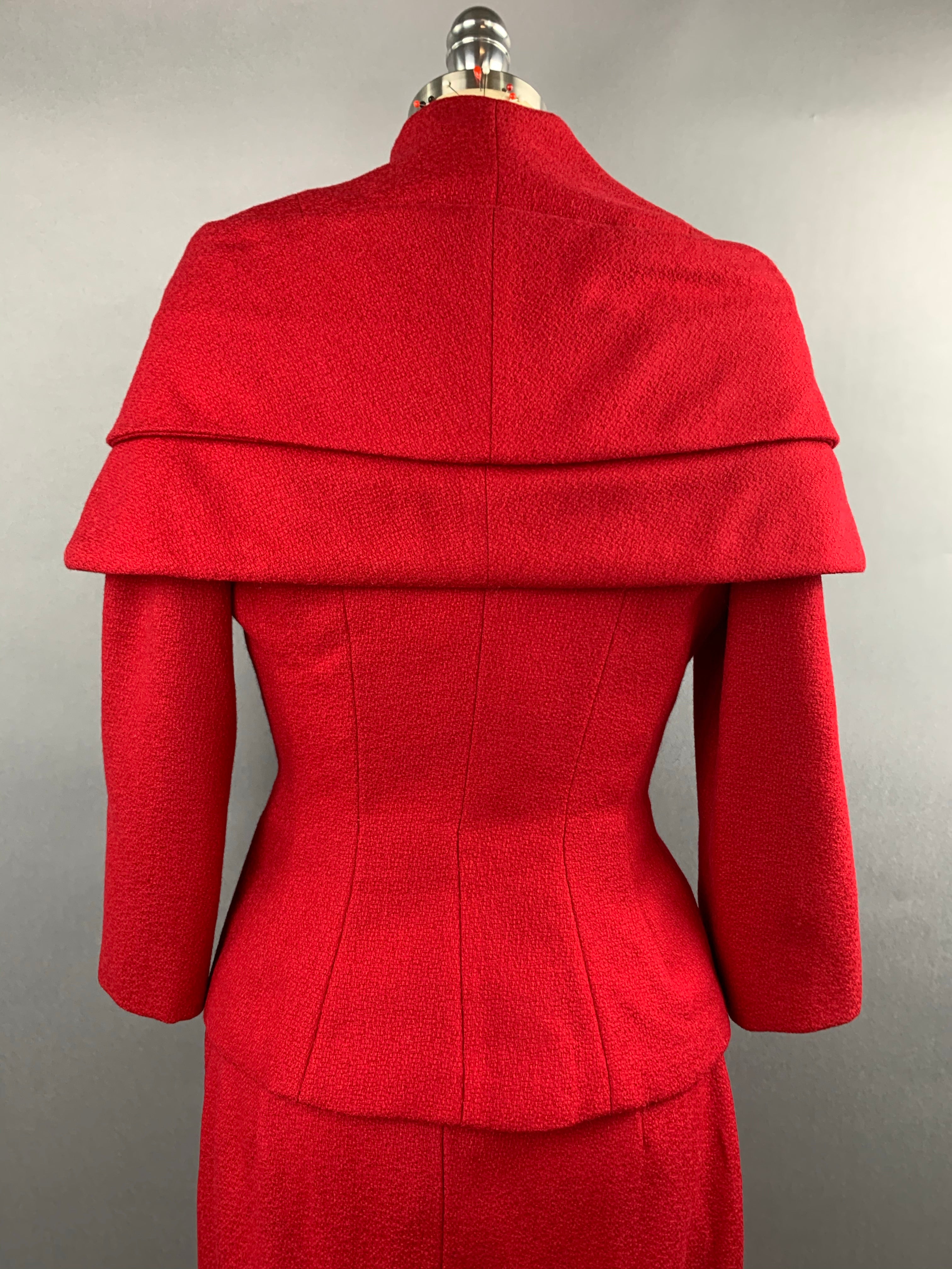 1950s Lilli Ann Red Wool Suit with Black Fox Collar Size S