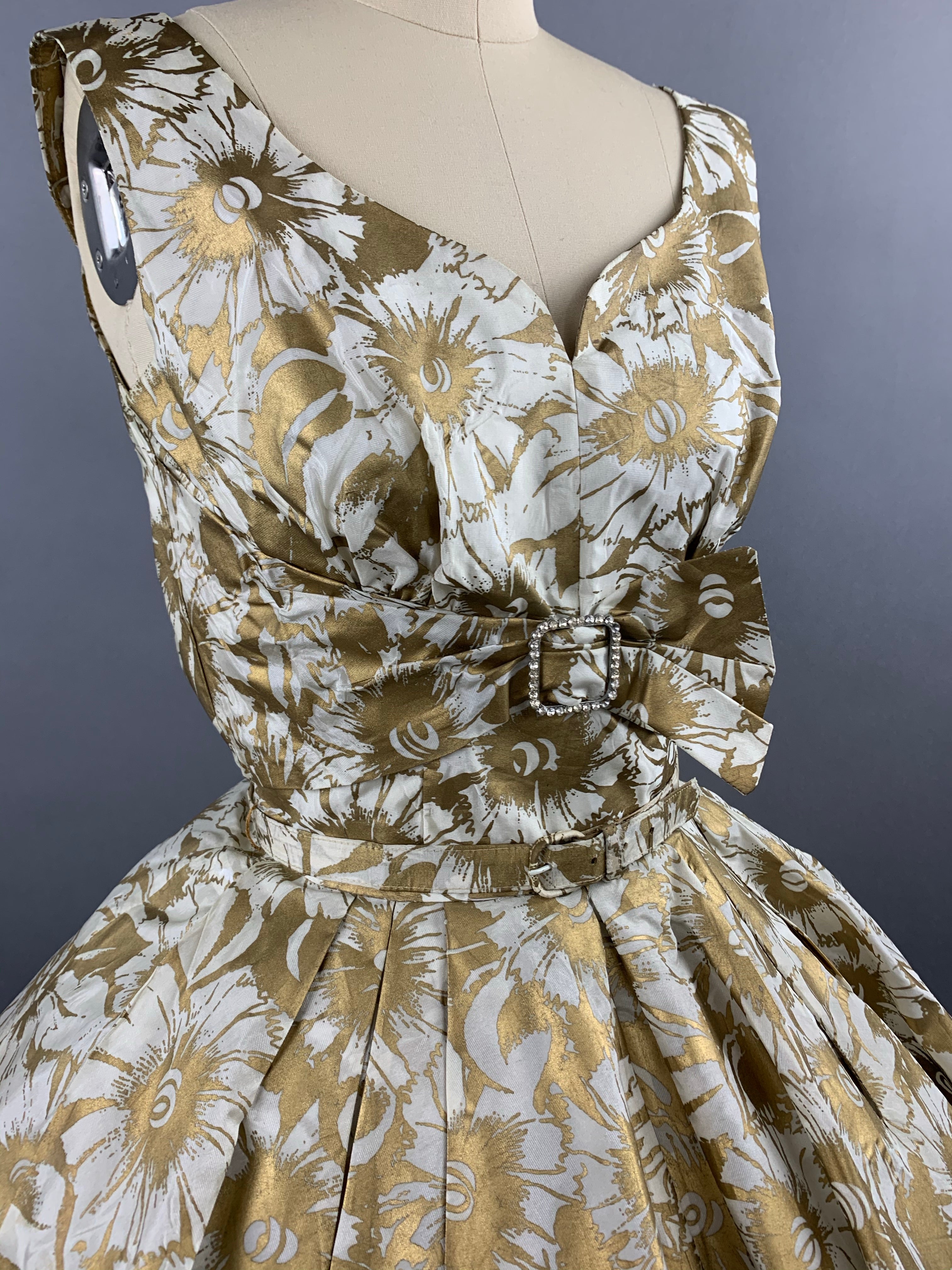 1950s Gold Floral Party Dress Size XS