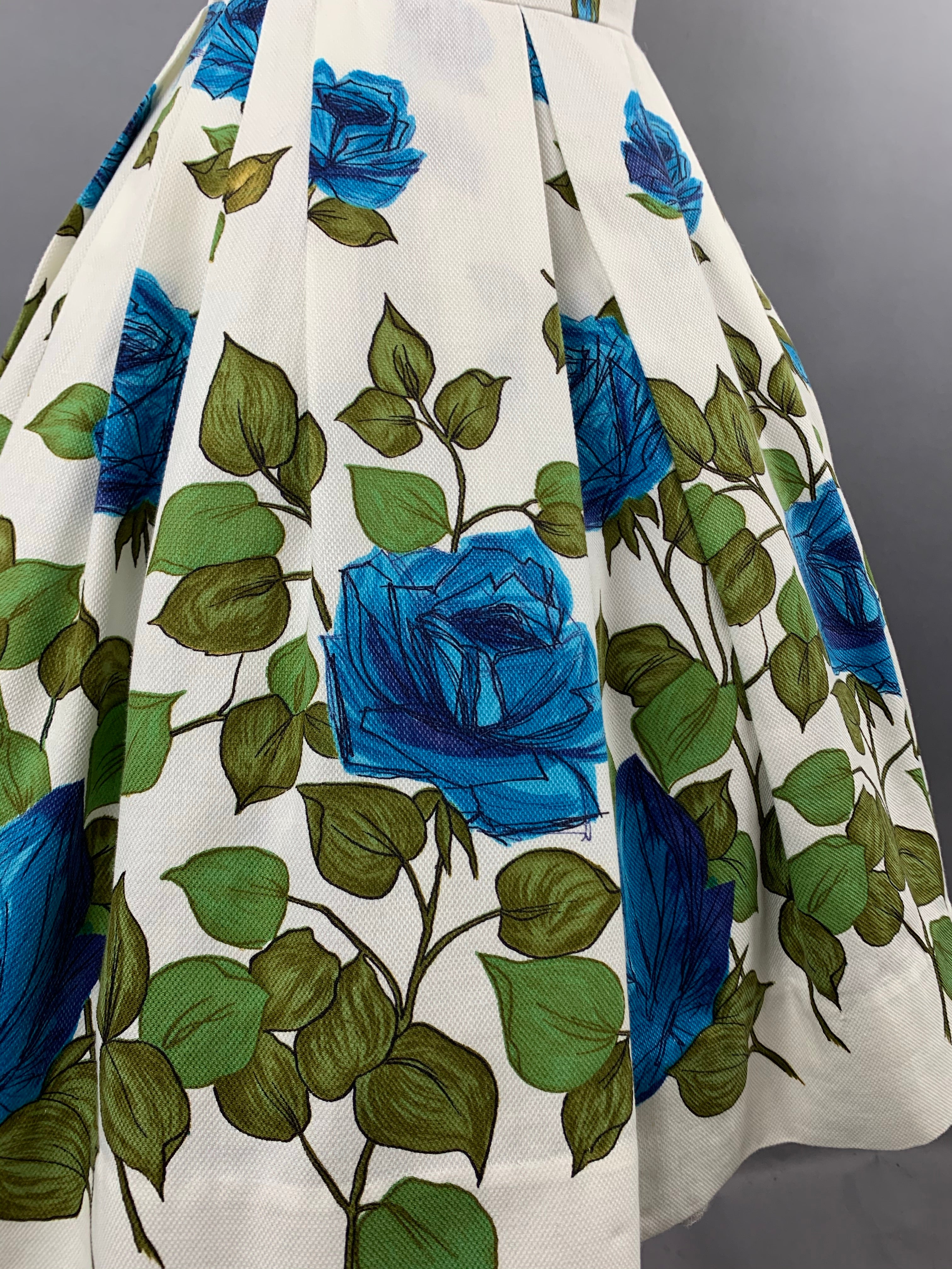 1950s “Co Jr” Blue Roses Fruit of the Loom Border Print Cotton Pique Dress Size XS