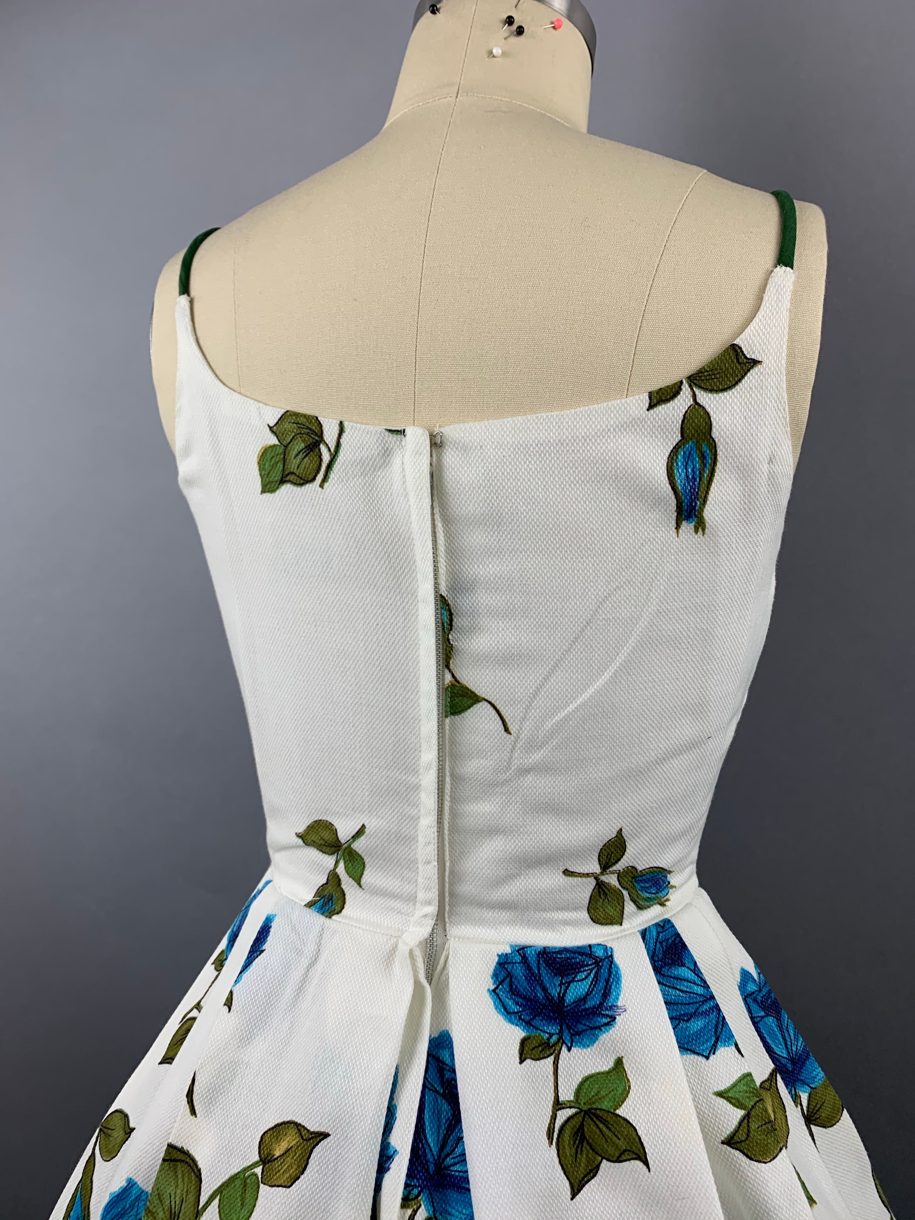 1950s “Co Jr” Blue Roses Fruit of the Loom Border Print Cotton Pique Dress Size XS