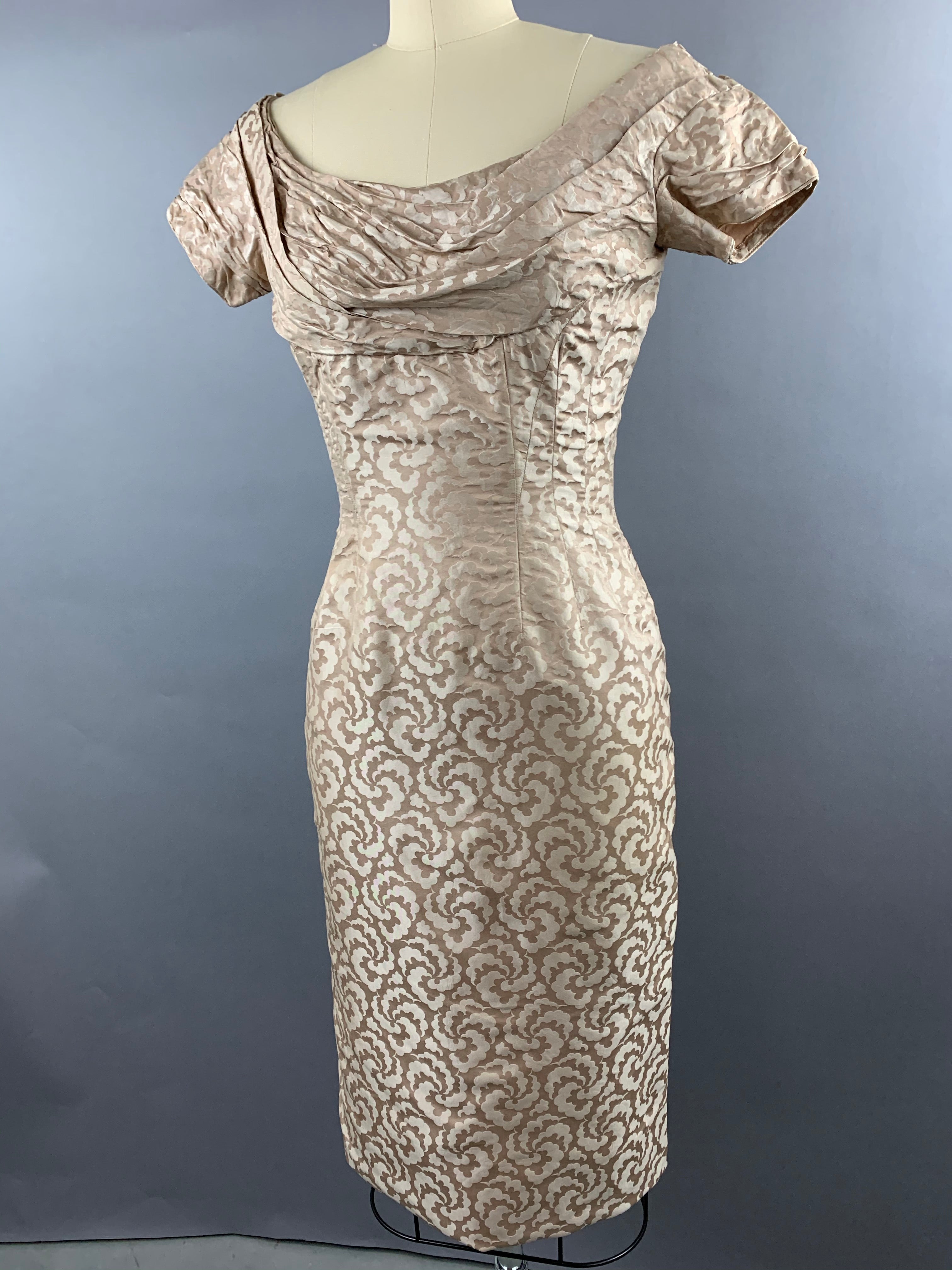 1950s Ceil Chapman beige gold silk-cotton wiggle dress Size S