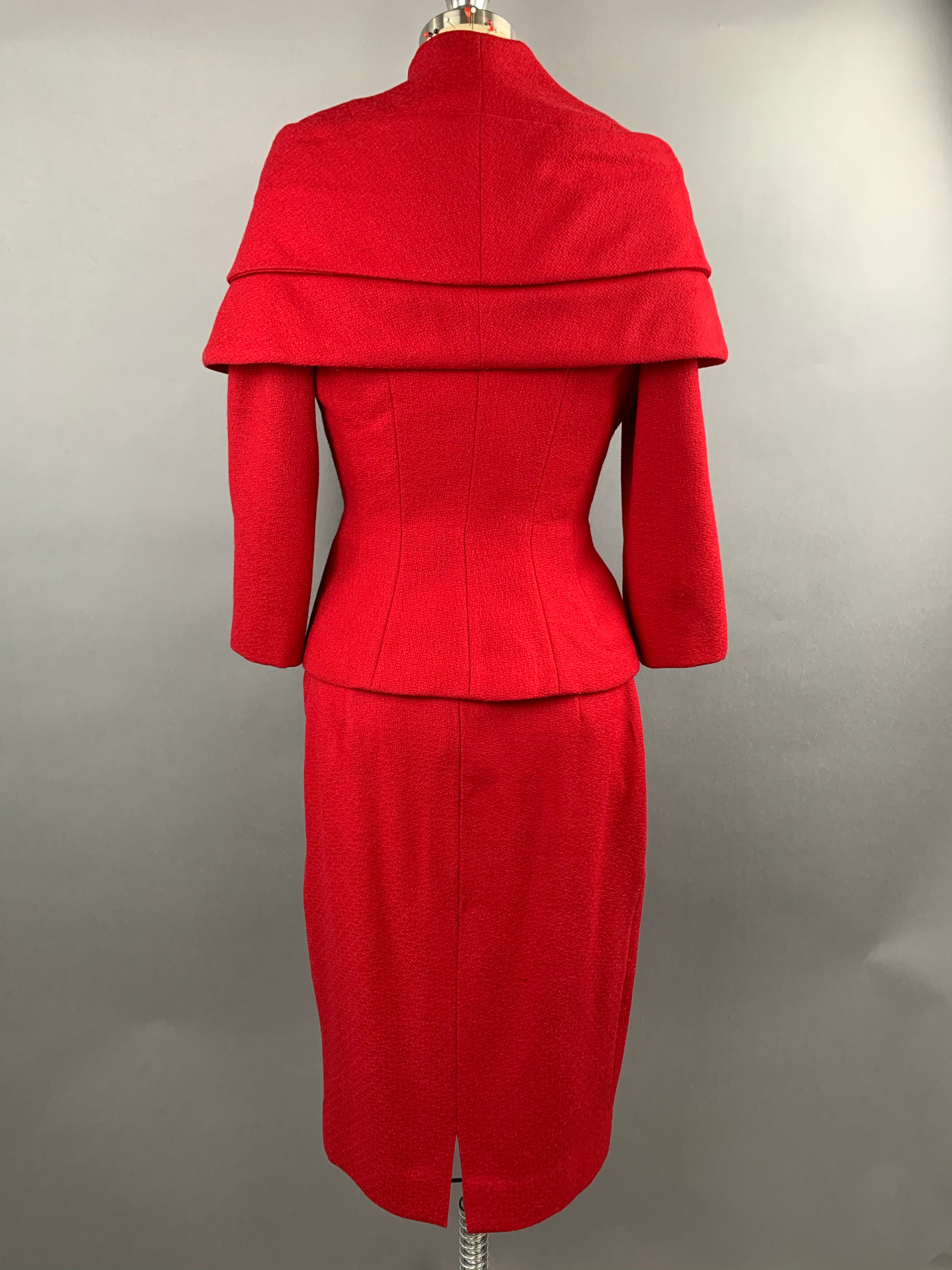 1950s Lilli Ann Red Wool Suit with Black Fox Collar Size S