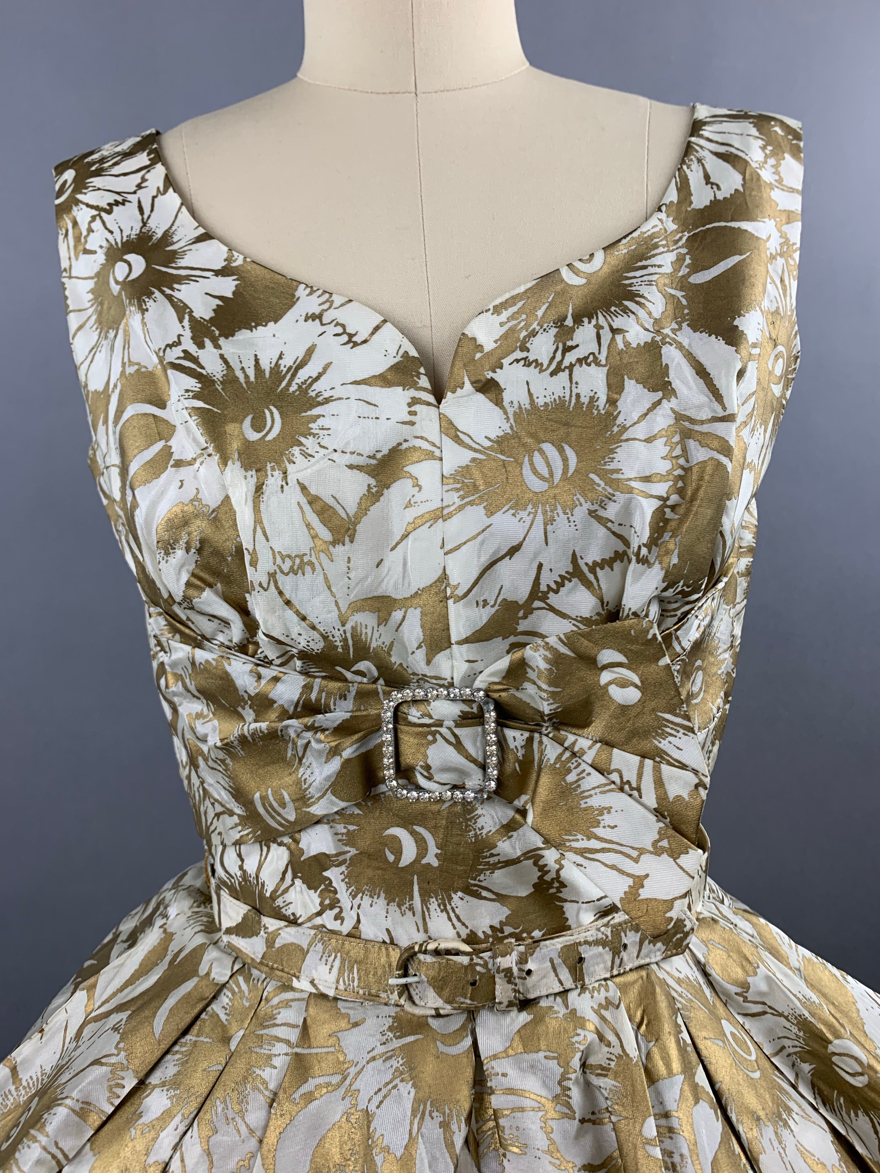 1950s Gold Floral Party Dress Size XS