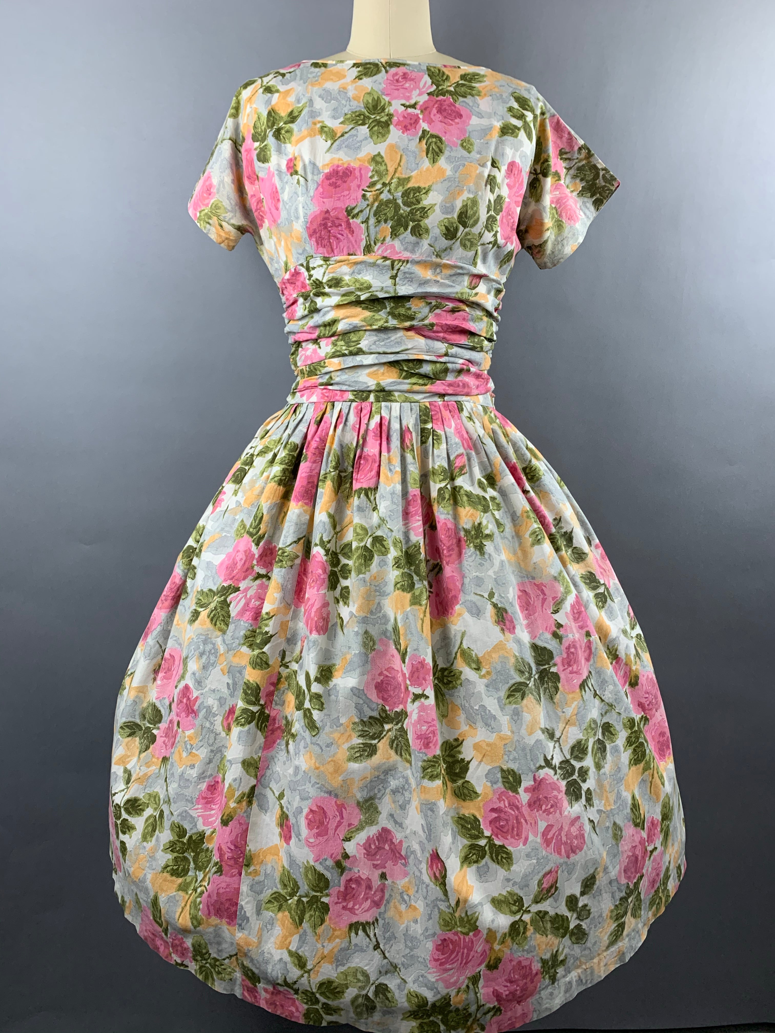 1950s Pink Roses Cotton Floral Dress Size M