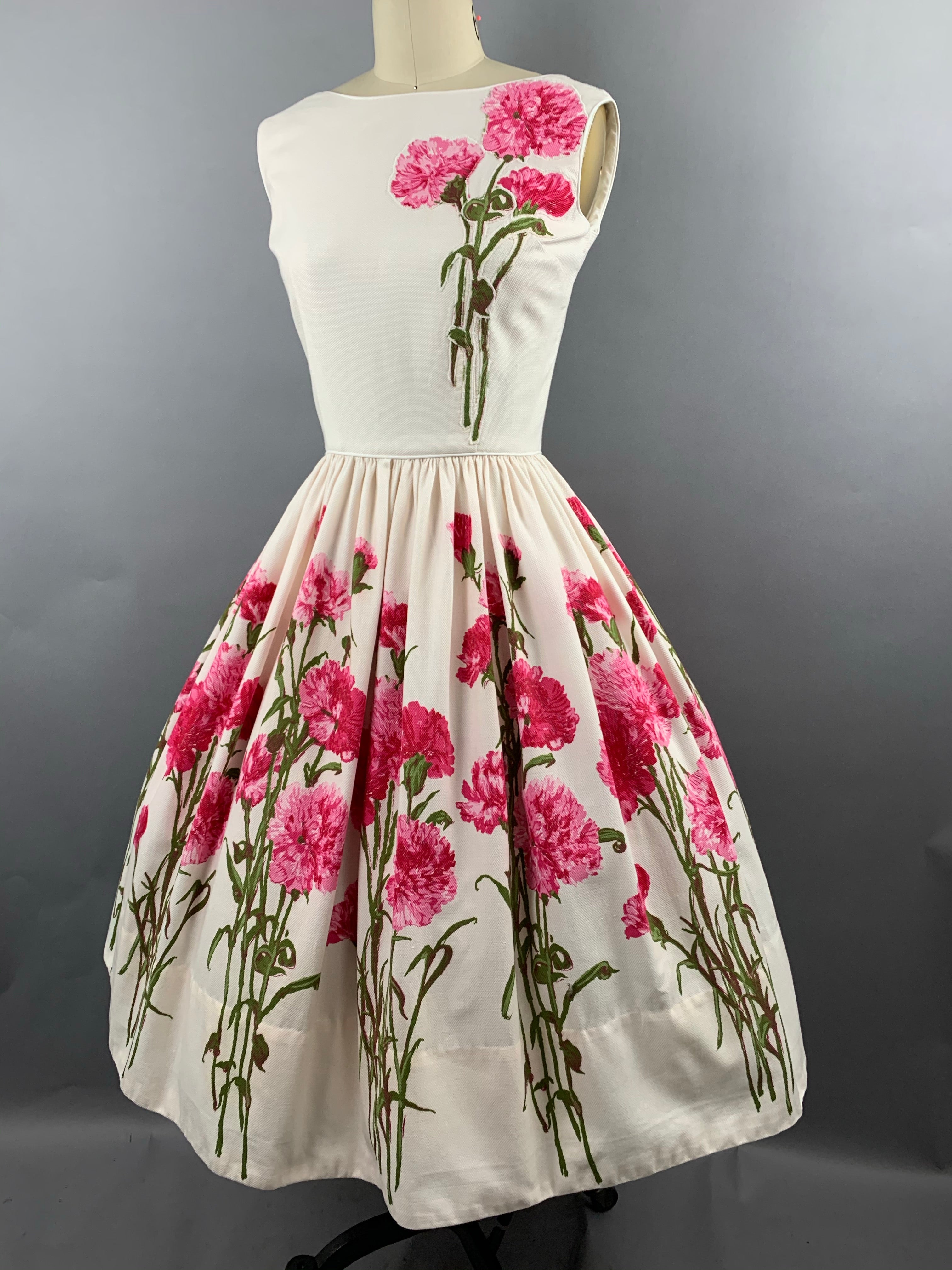 1950s Carnation Border Print Cotton Pique Dress Size S