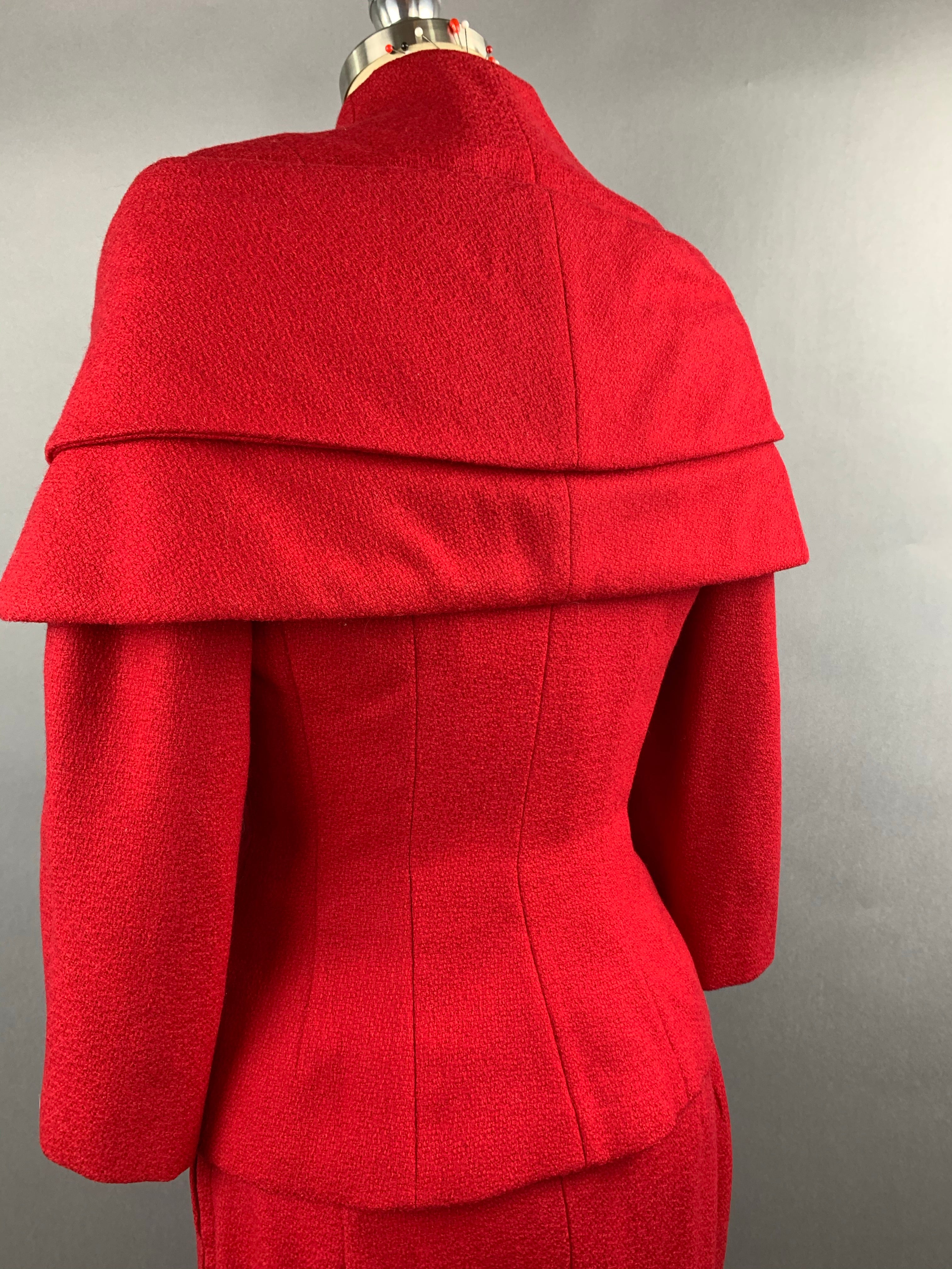 1950s Lilli Ann Red Wool Suit with Black Fox Collar Size S