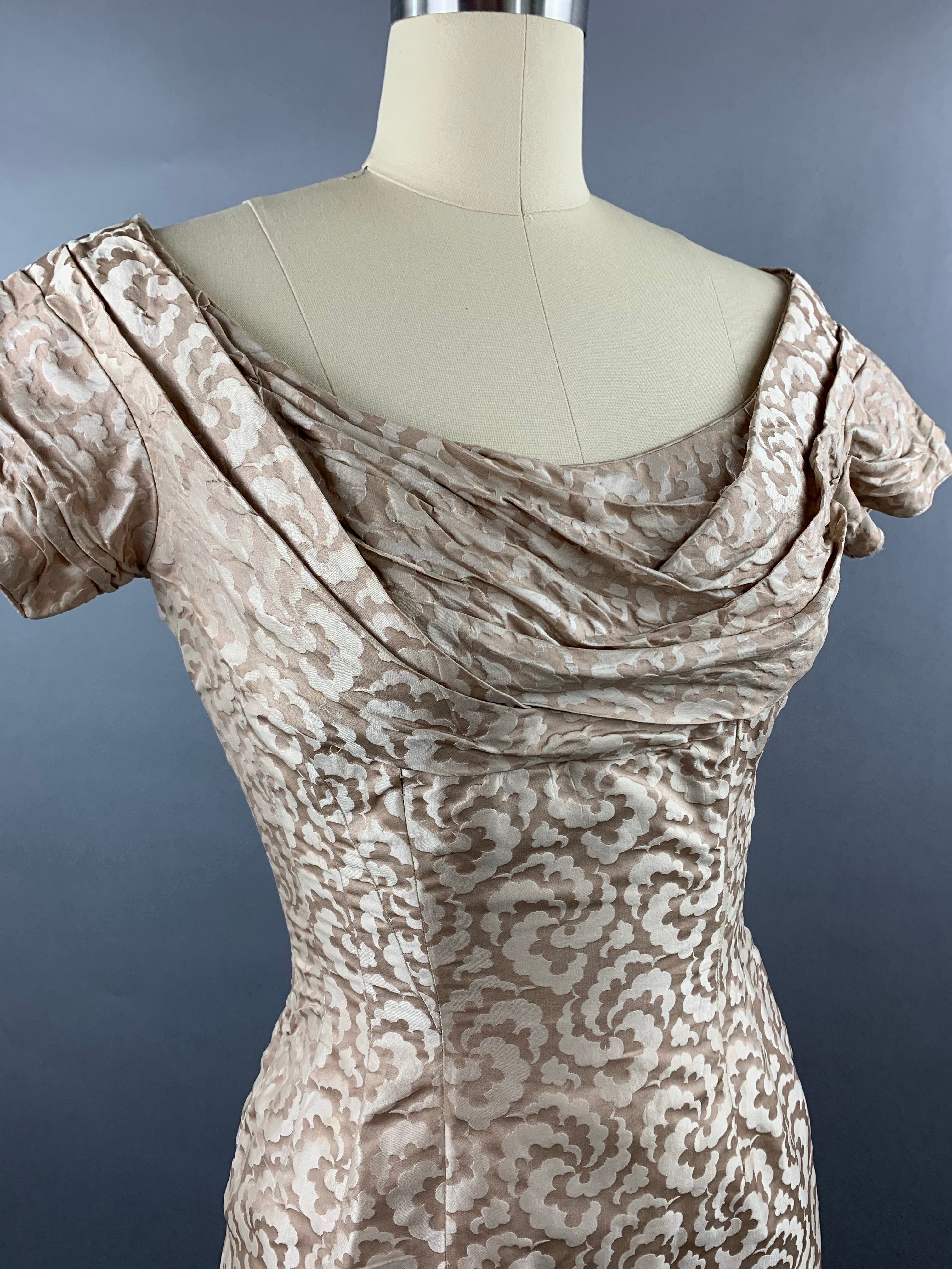 1950s Ceil Chapman beige gold silk-cotton wiggle dress Size S