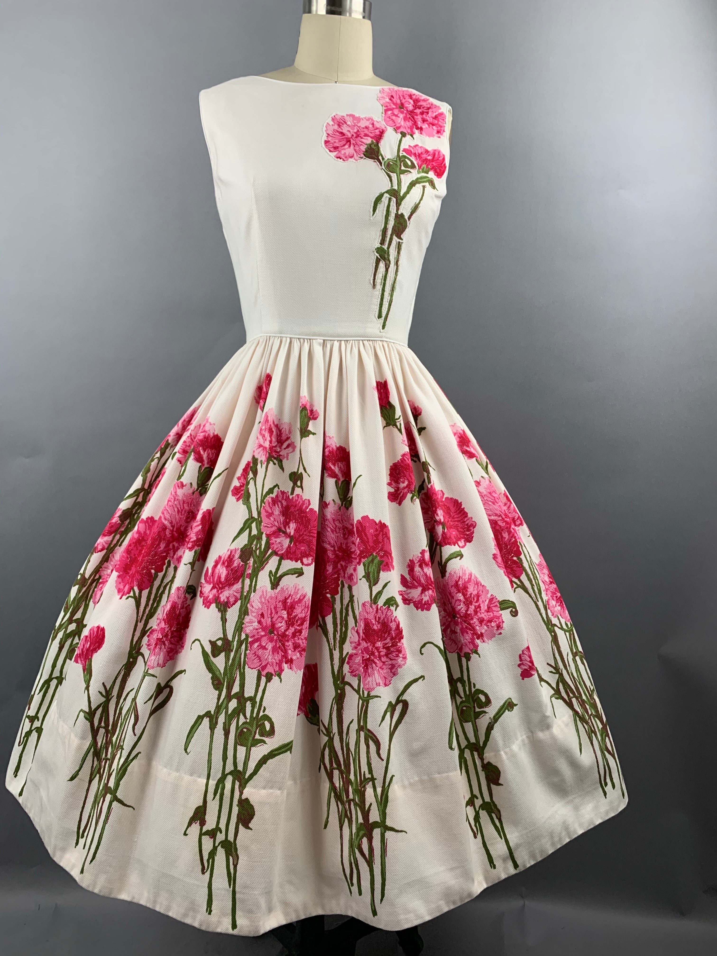 1950s Carnation Border Print Cotton Pique Dress Size S