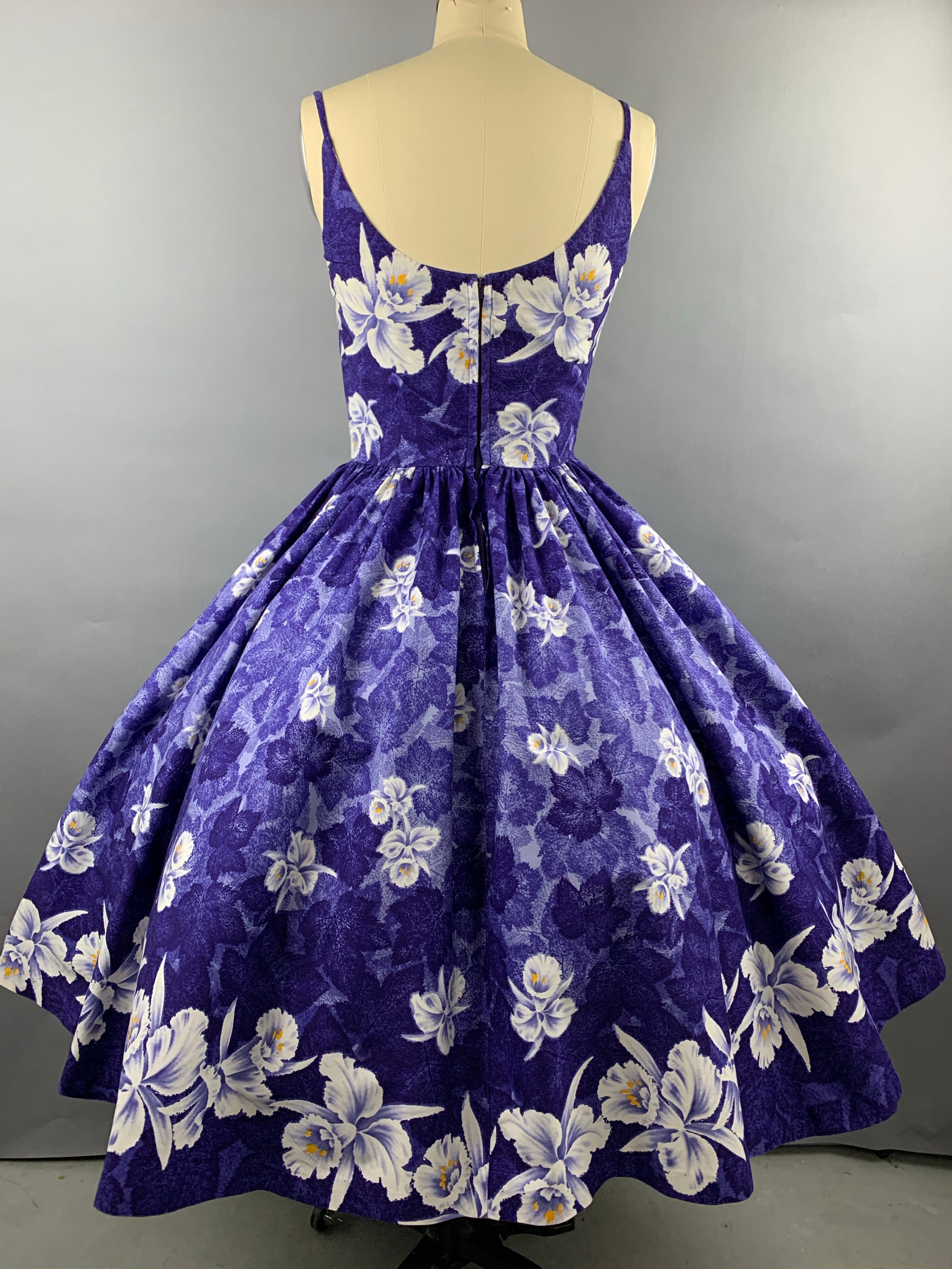 1950s Kamehameha Blue-Purple Orchid Cotton Hawaiian Dress Size M