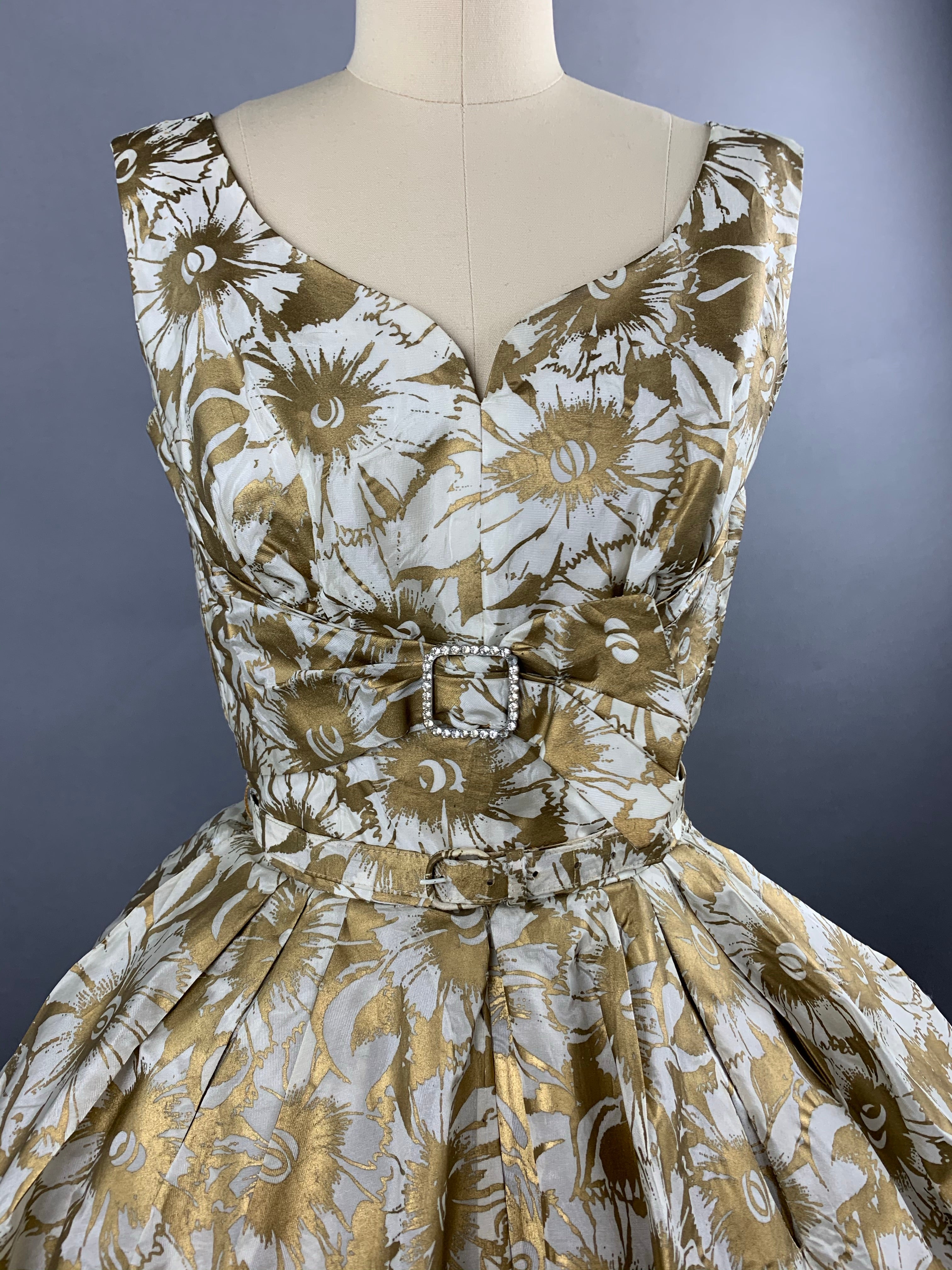 1950s Gold Floral Party Dress Size XS