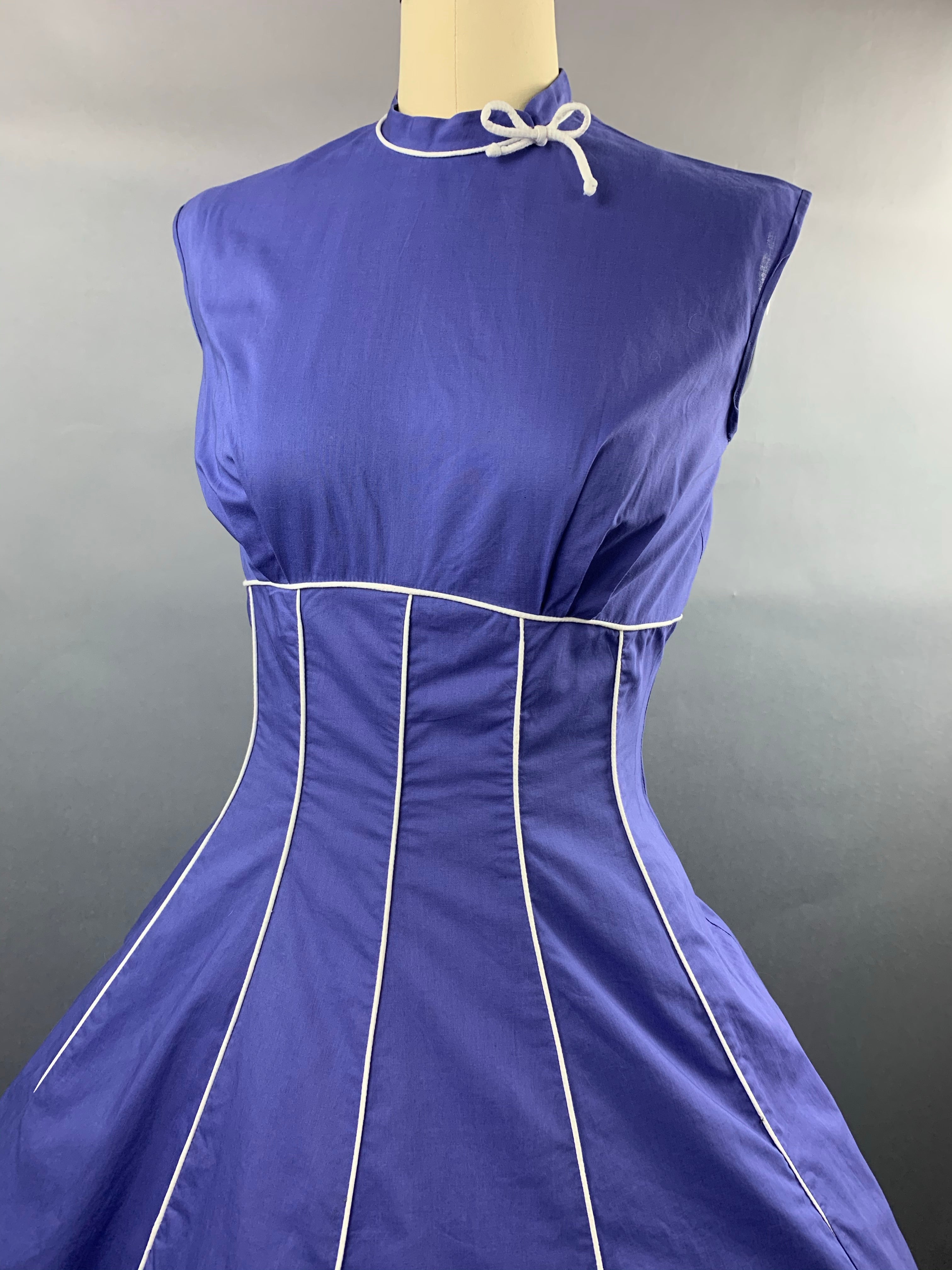 1950s Indigo Violet Blue Cotton Dress with White Piping Size S