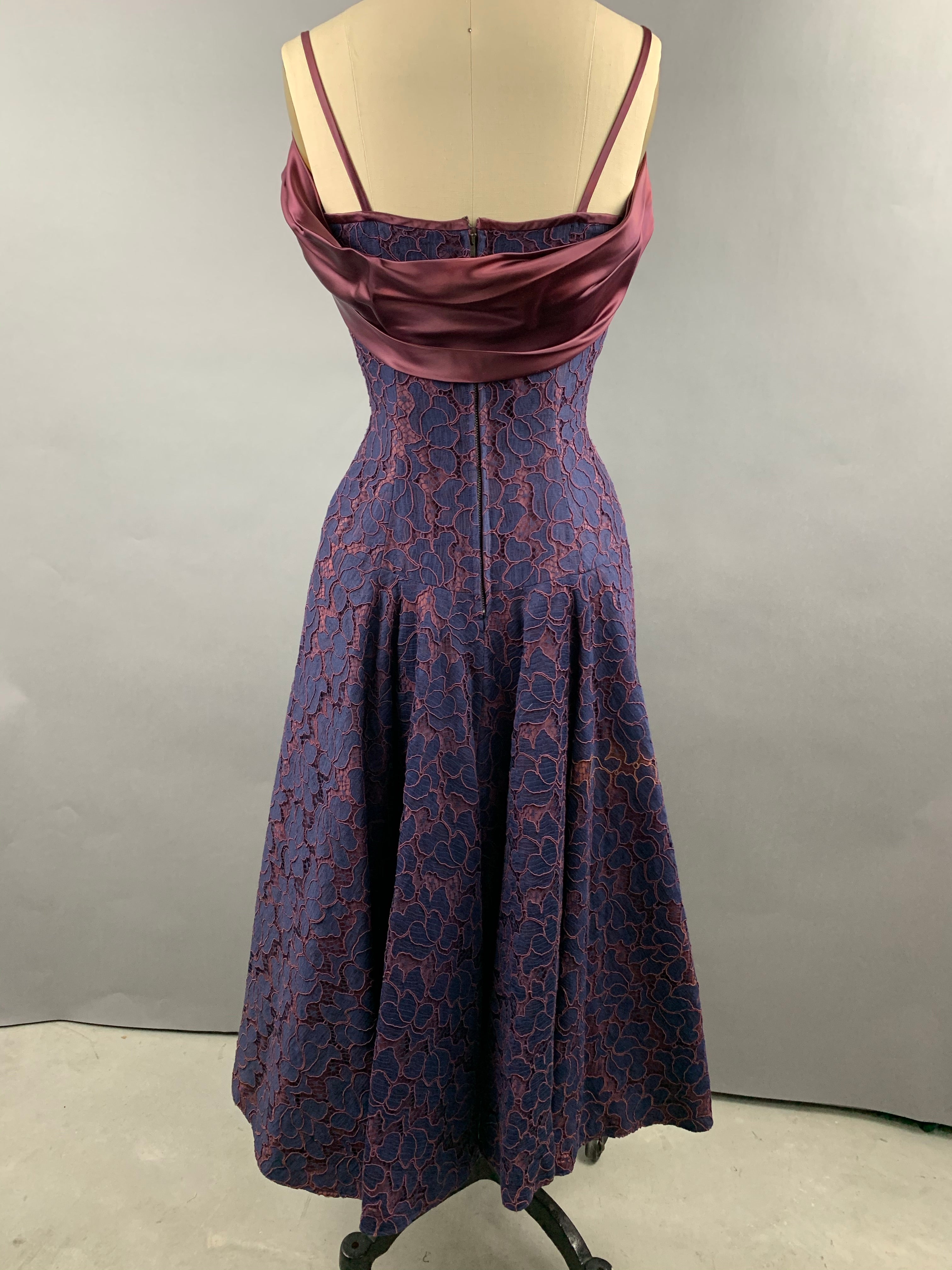 1950s Navy and Burgundy Lace and Satin Party Dress Size M