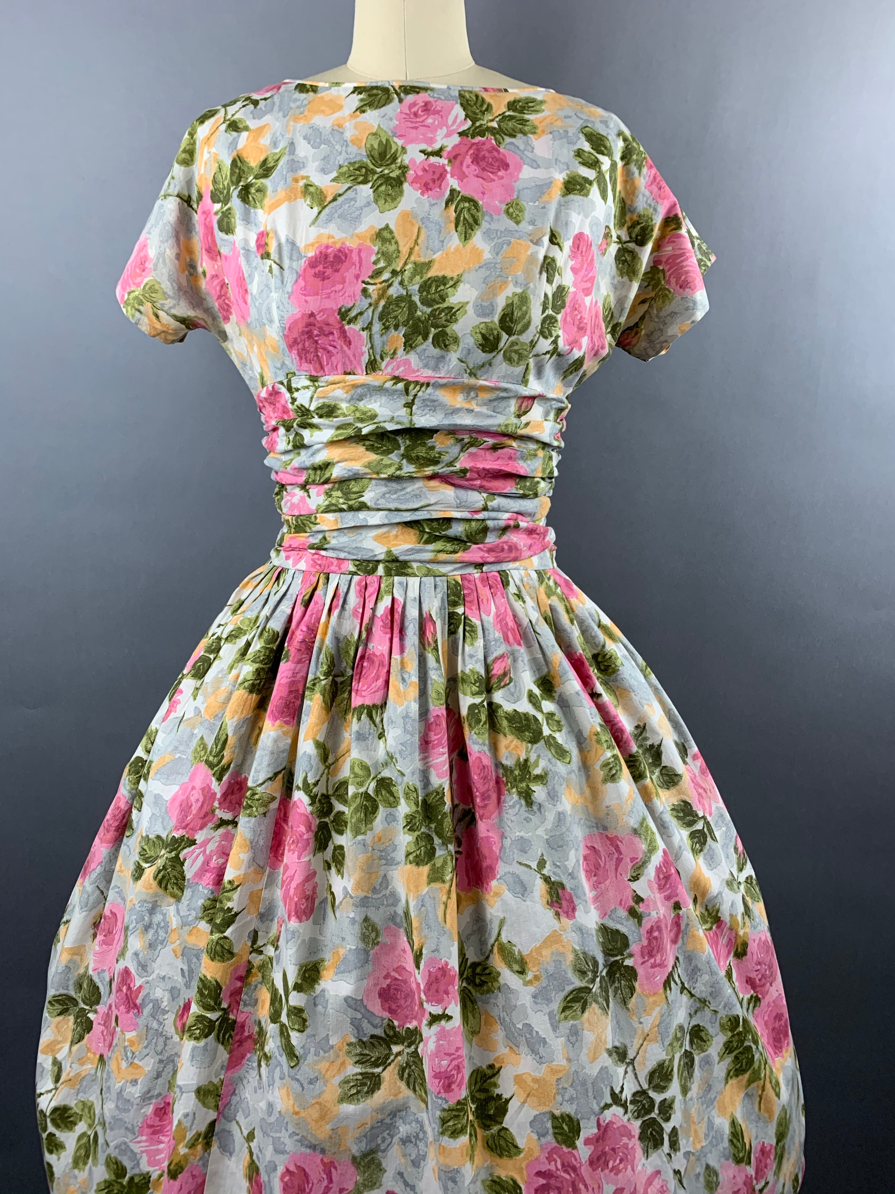 1950s Pink Roses Cotton Floral Dress Size M