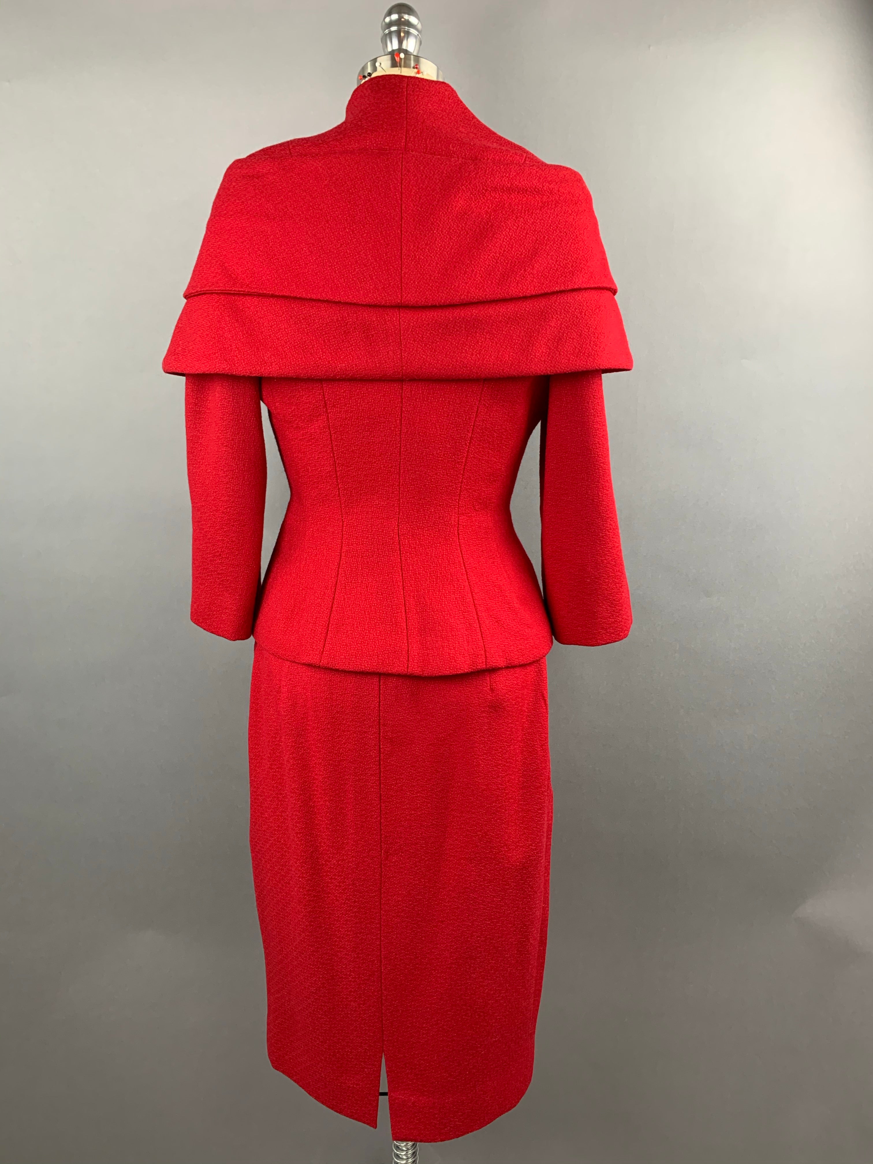 1950s Lilli Ann Red Wool Suit with Black Fox Collar Size S