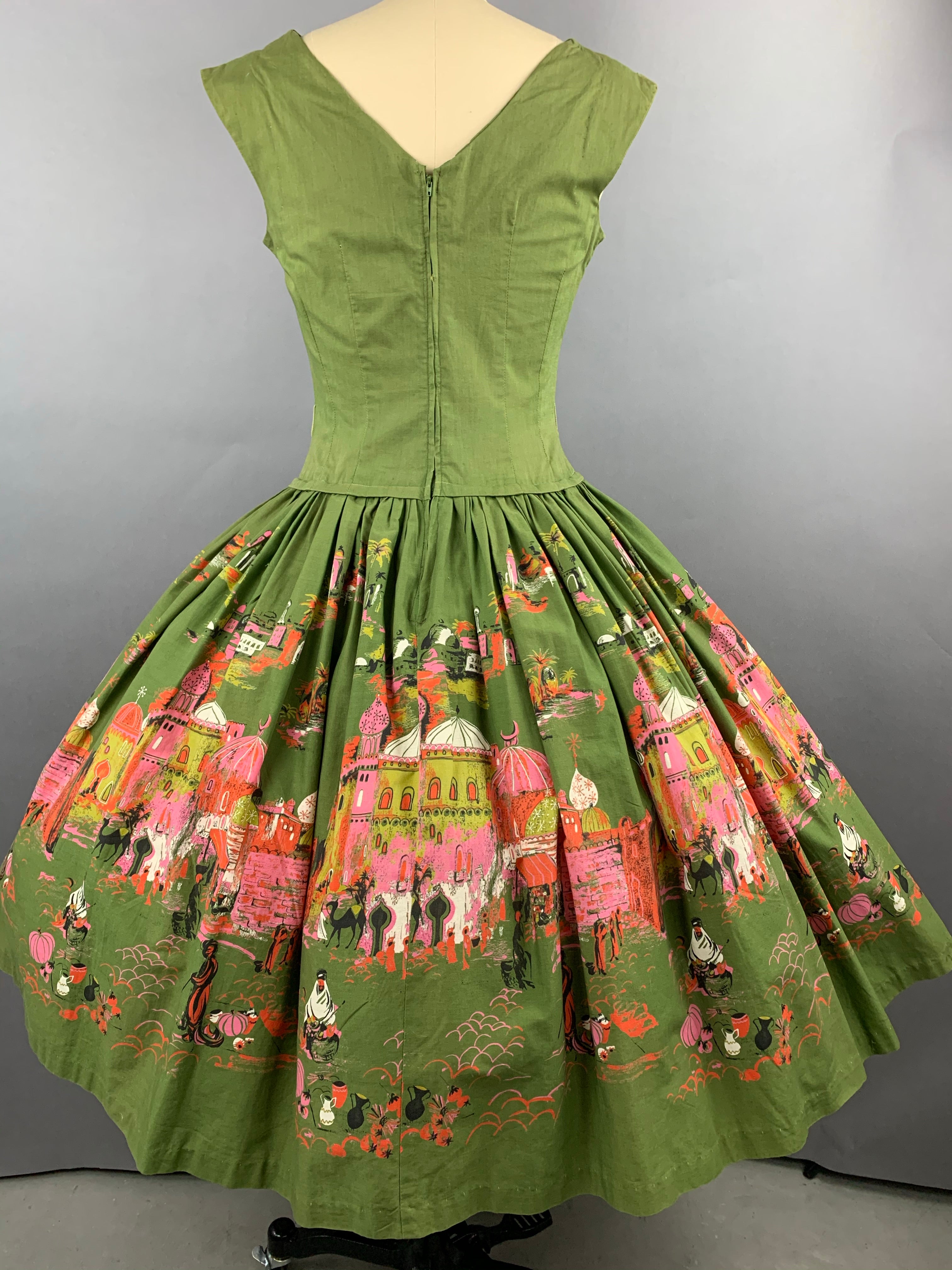 1950s Green Casbah Cotton Dress Size M