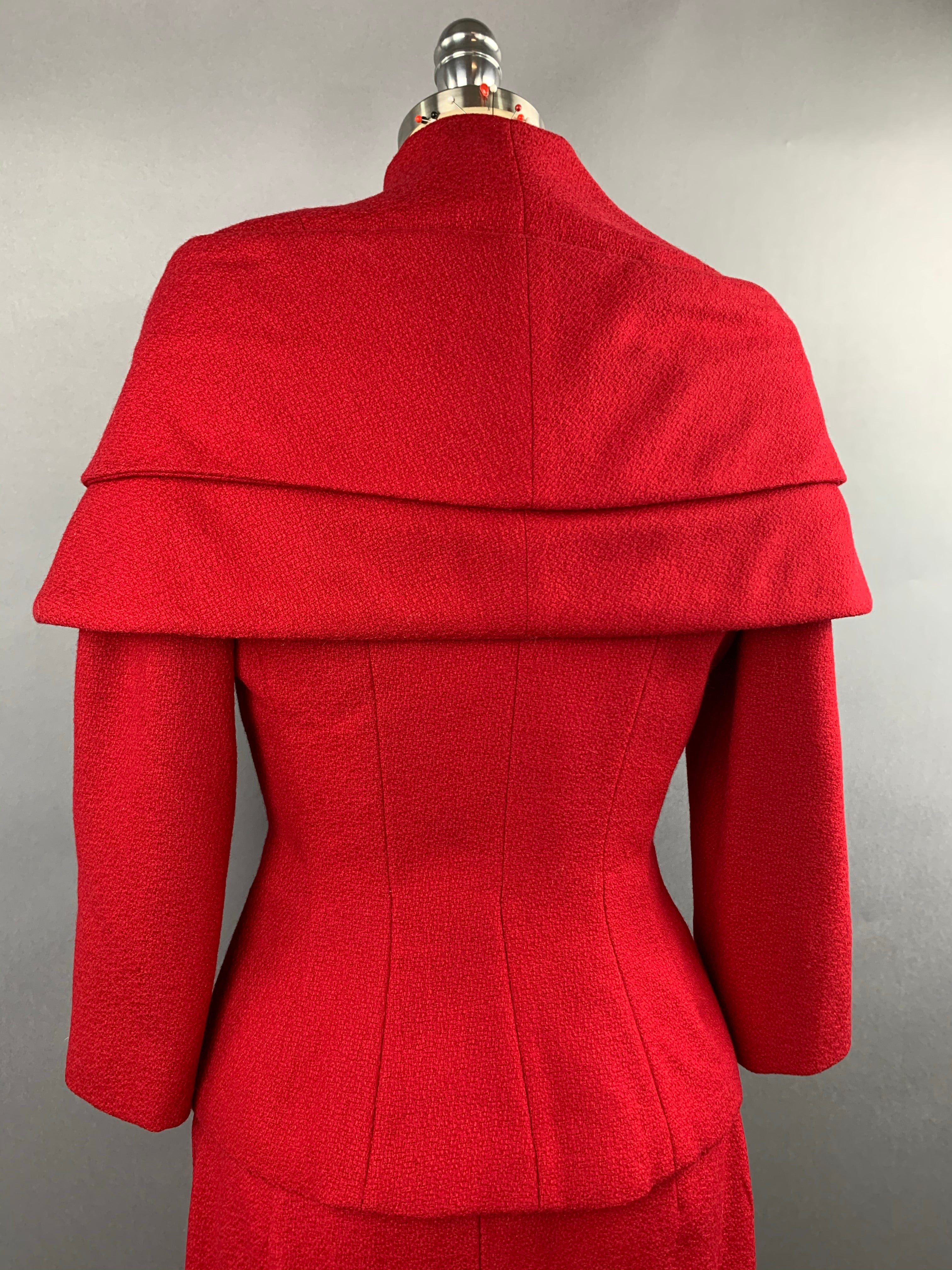 1950s Lilli Ann Red Wool Suit with Black Fox Collar Size S