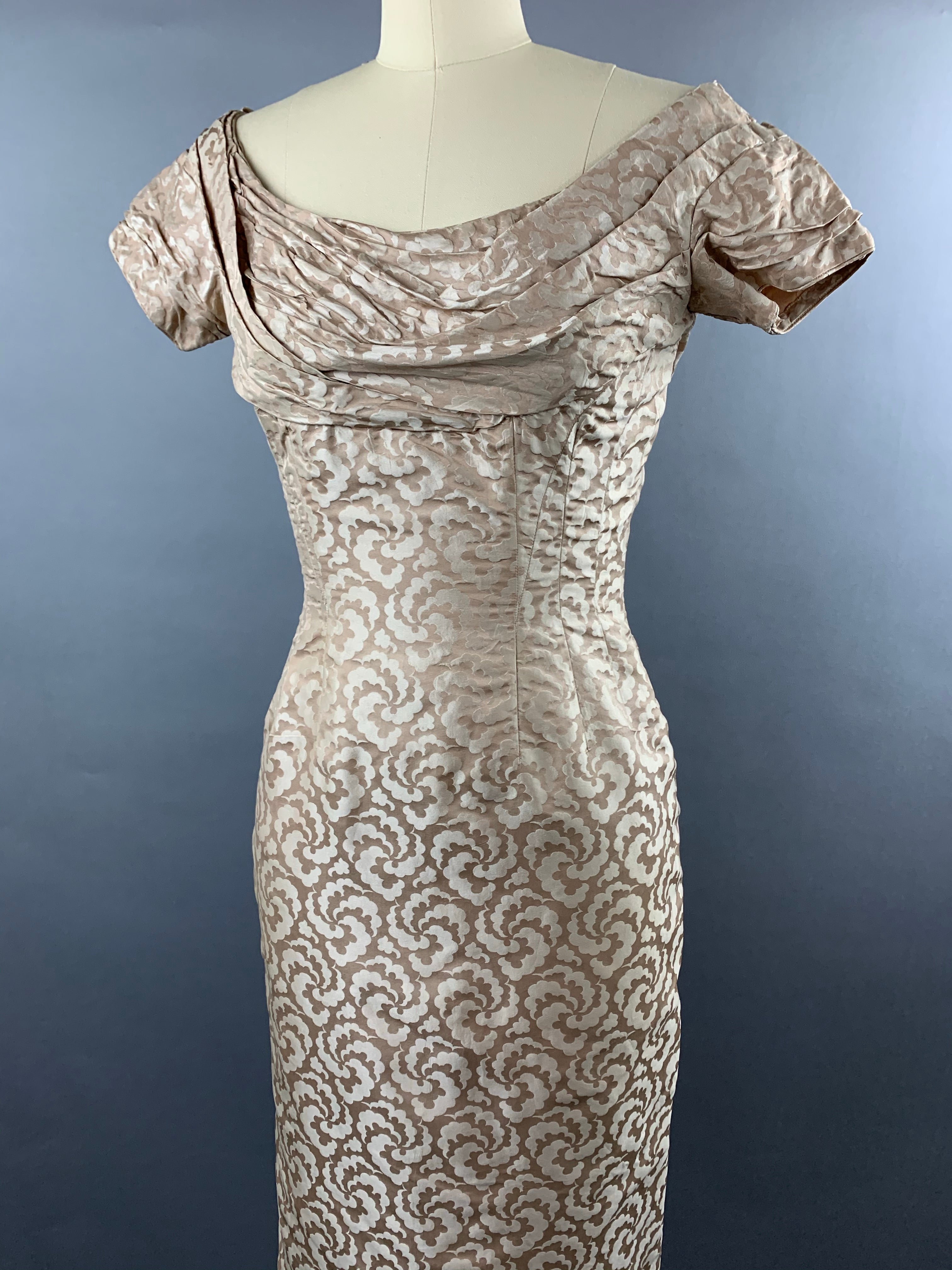 1950s Ceil Chapman beige gold silk-cotton wiggle dress Size S