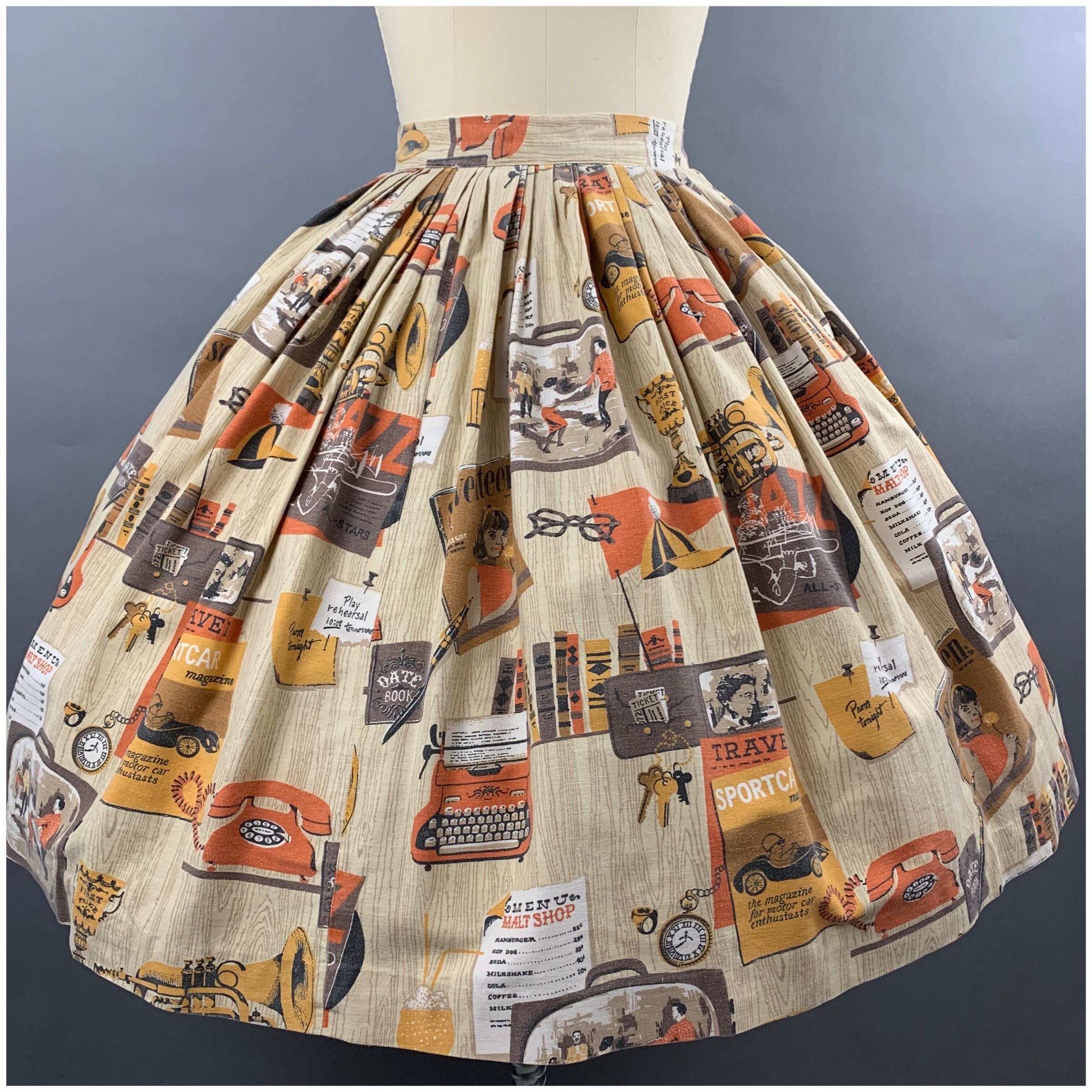 1960s Malt Shop Novelty Print Skirt Size S