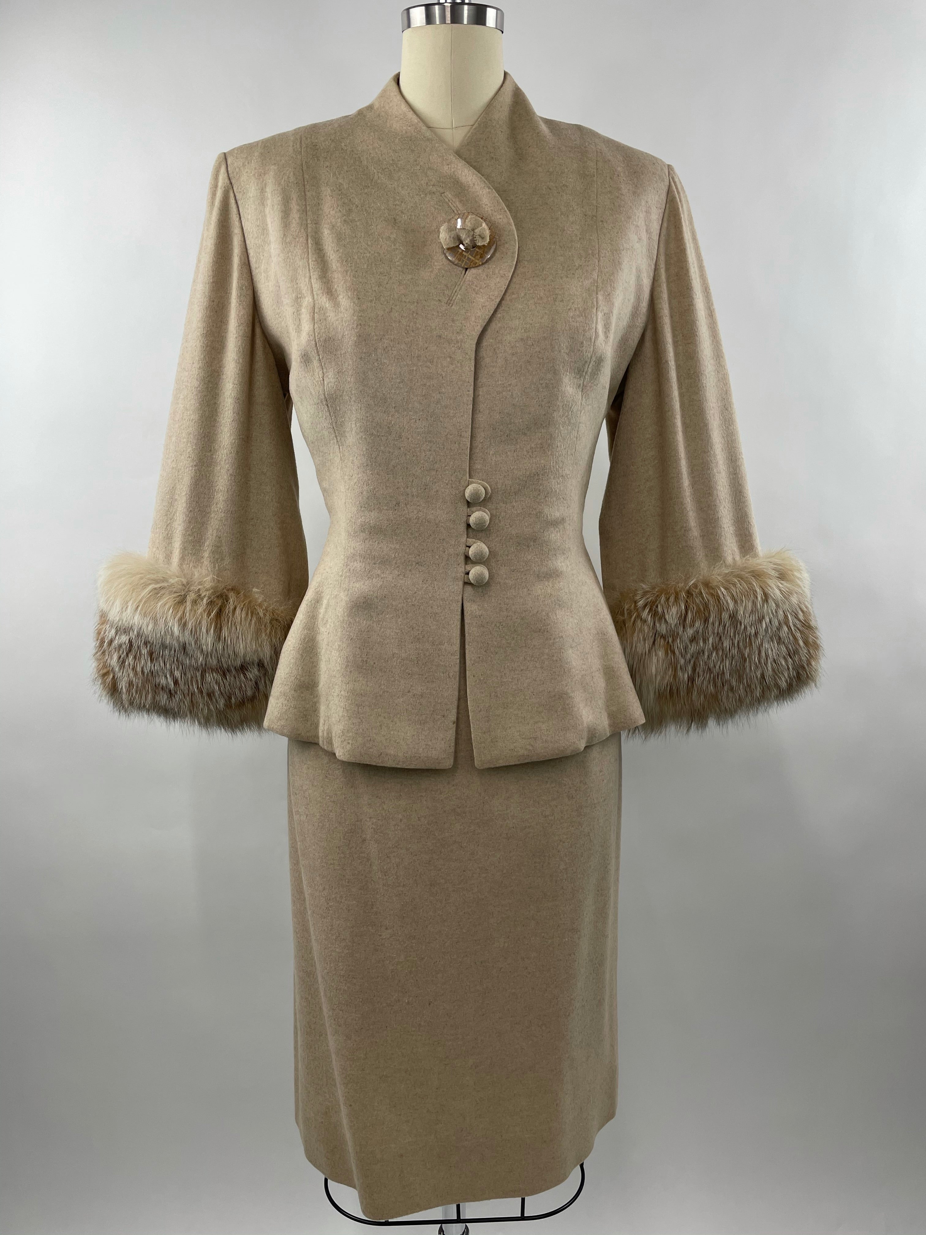 1950s Cream Cashmere & Fox Lilli Ann Cape Suit Size L
