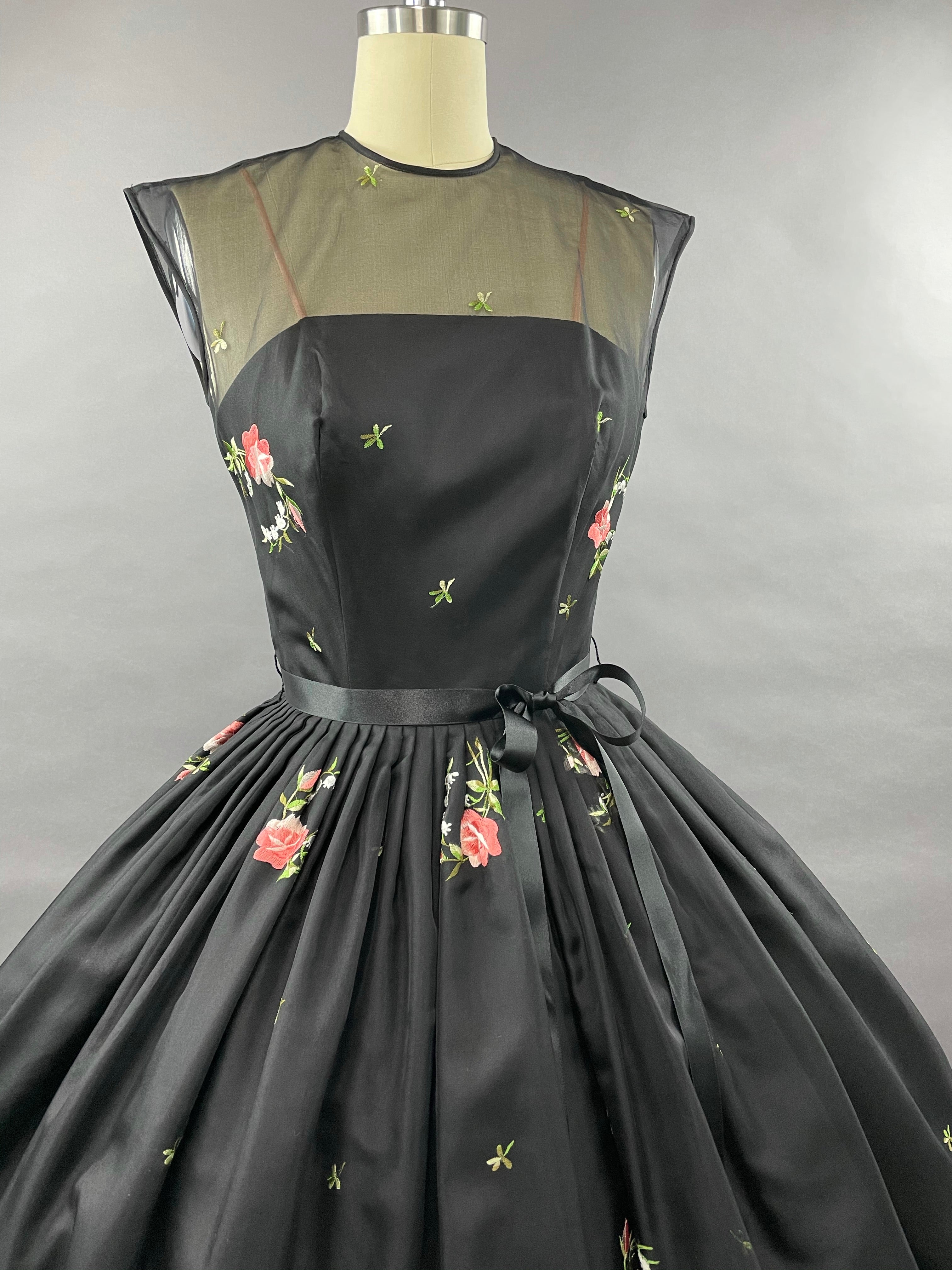 1950s Black Embroidered Suzy Perette Party Dress Size S