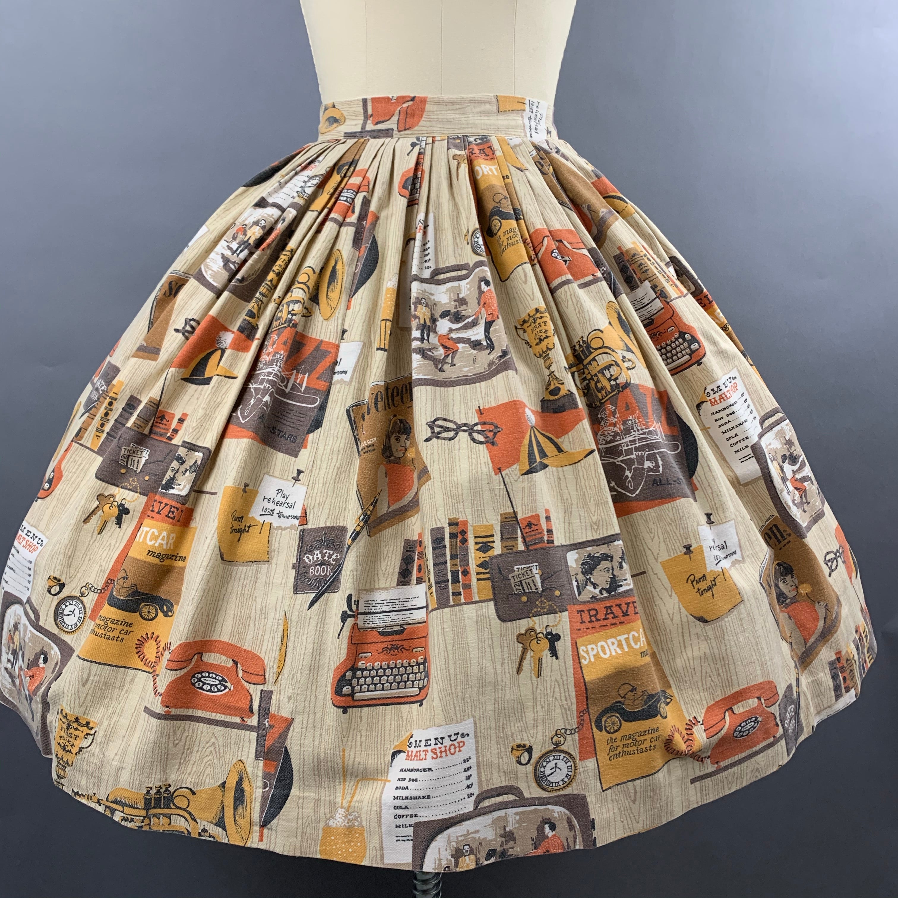 1960s Malt Shop Novelty Print Skirt Size S