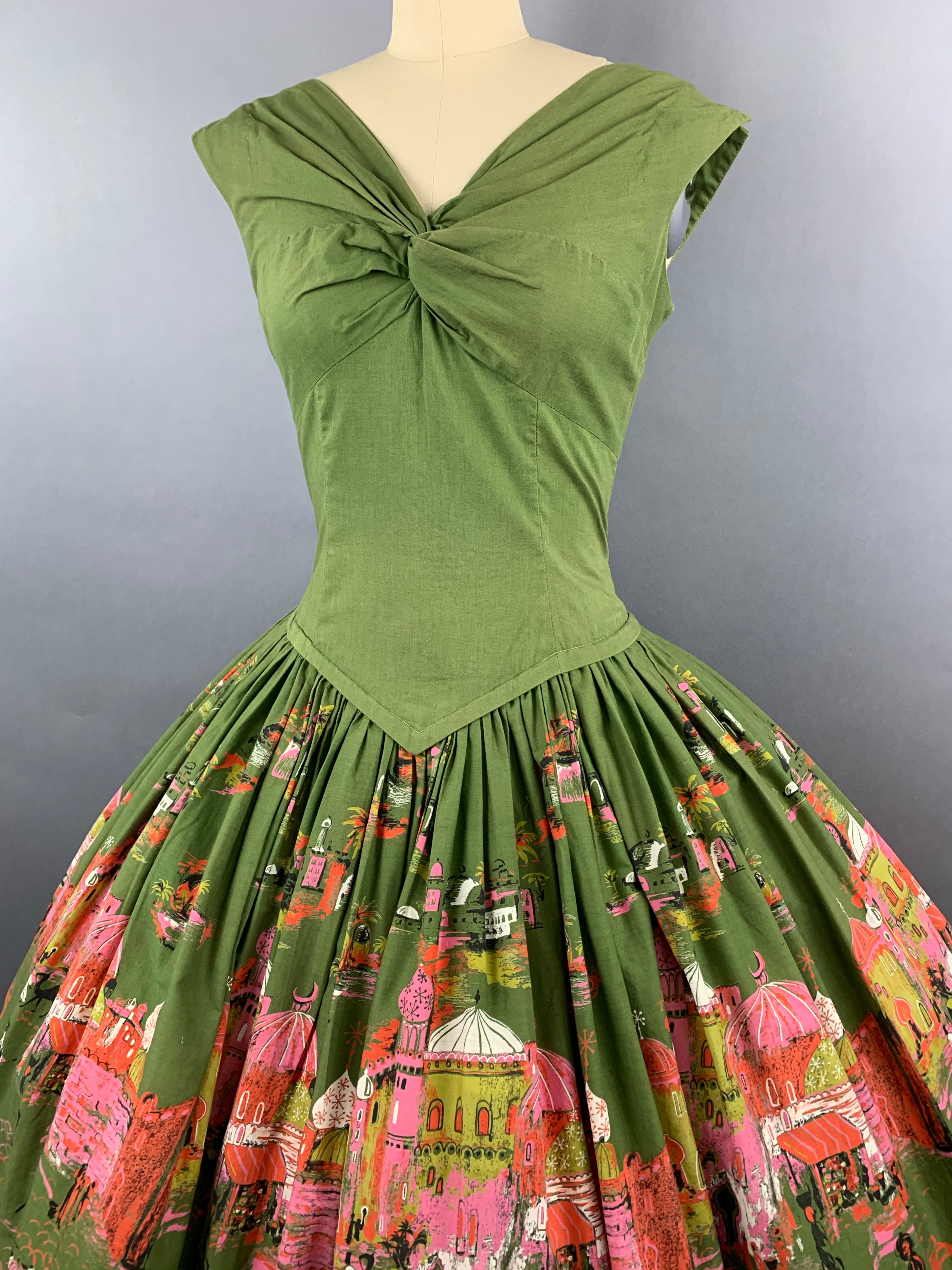 1950s Green Casbah Cotton Dress Size M