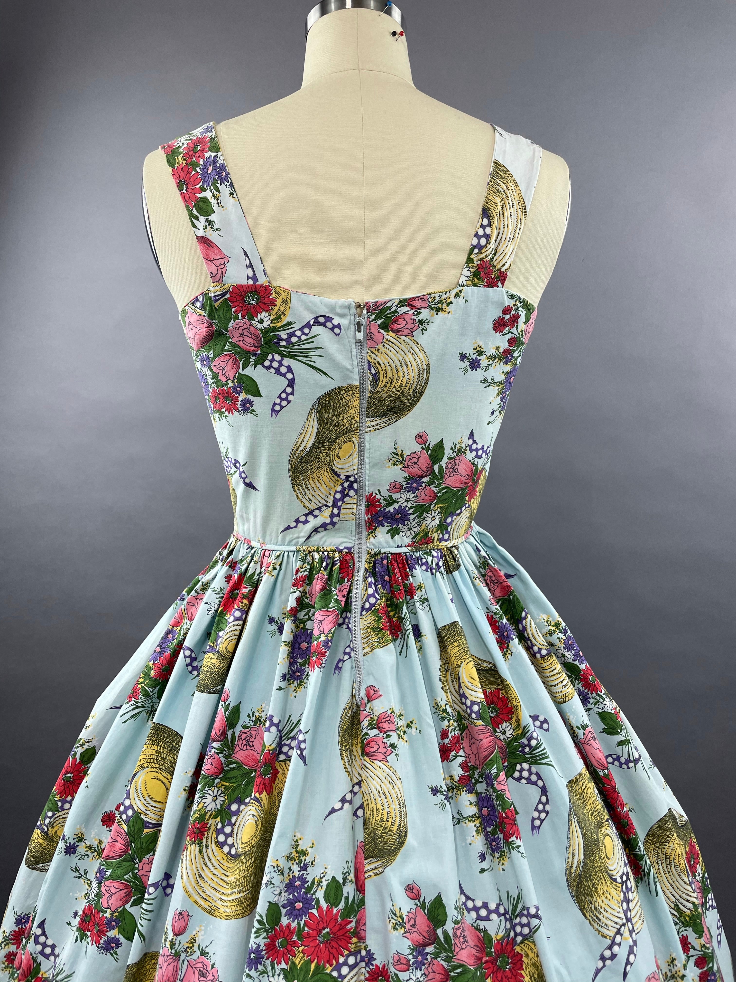 1950s Hats Novelty Print Cotton Dress Size M