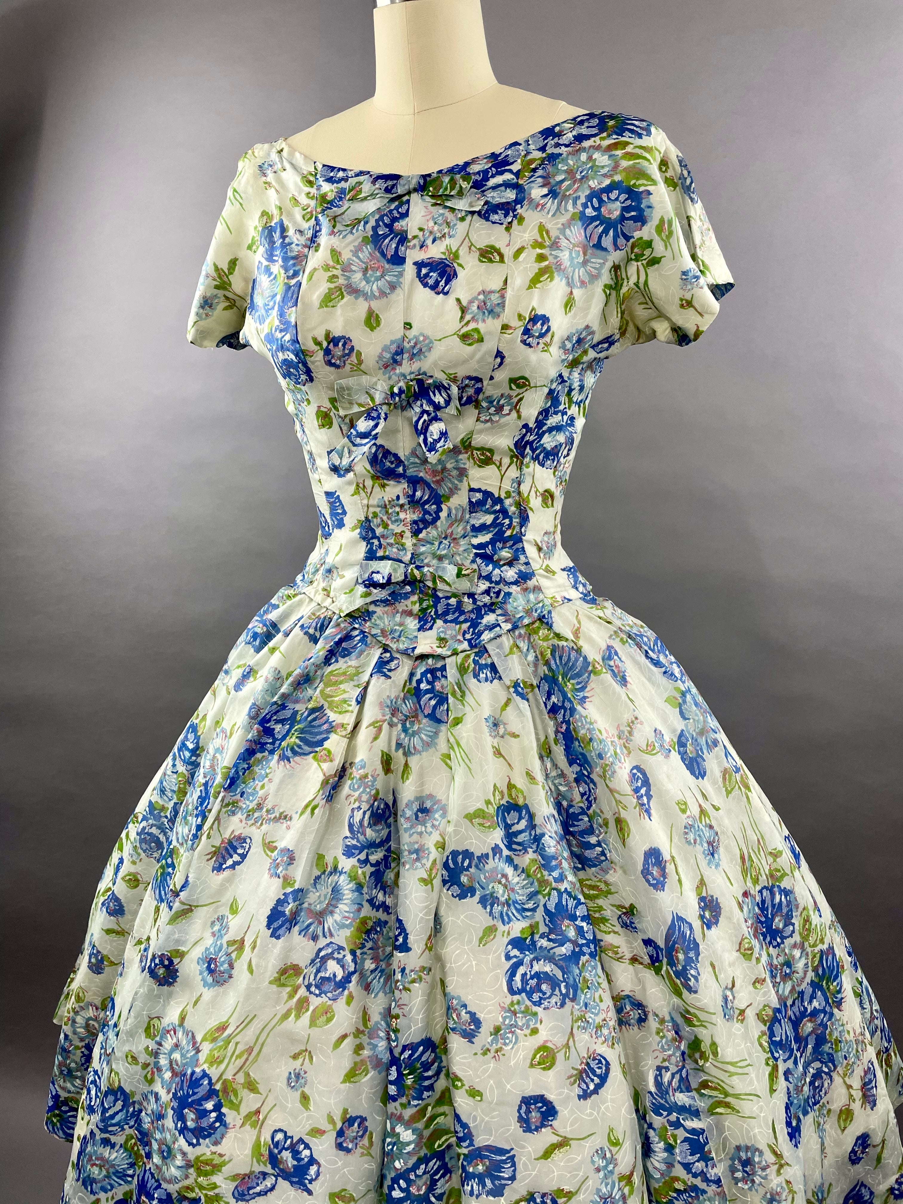 1950s Gigi Young Blue Floral Party Dress Size M